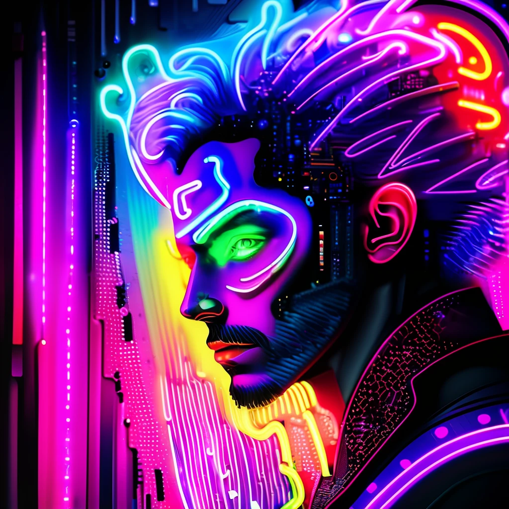 (masterpiece), high-resolution, vibrant, unique, hand-drawn, surreal, colorful, futuristic, abstract art, (glitch art:1.2), mesmerizing, (1 character:1.1) in foreground, (neon light:1.3) effects, dynamic pose, (purple glow:1.2), (digital aura:0.9), (cyberpunk:0.9), (sci-fi:0.8), (fantasy:0.8), (10k wallpaper:1.1), vivid details, eye-catching.
