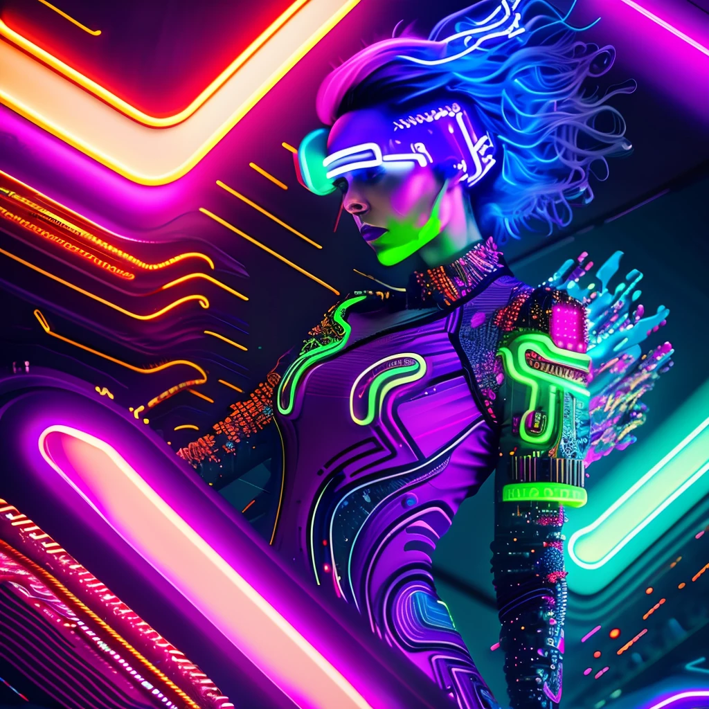 (masterpiece), high-resolution, vibrant, unique, hand-drawn, surreal, colorful, futuristic, abstract art, (glitch art:1.2), mesmerizing, (1 character:1.1) in foreground, (neon light:1.3) effects, dynamic pose, (purple glow:1.2), (digital aura:0.9), (cyberpunk:0.9), (sci-fi:0.8), (fantasy:0.8), (10k wallpaper:1.1), vivid details, eye-catching.