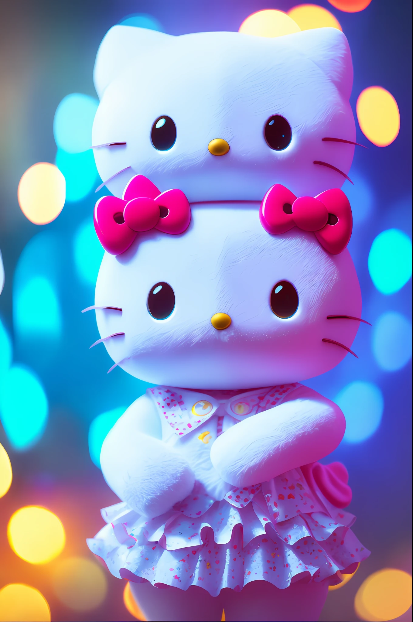 Hello Kitty, Splash Art, Movie Stills, Detailed Faces, Movie Lighting, Color, Dramatic, Octane Rendering, Long Lens, Shallow Depth of Field, Bokeh, Anamorphic Lens Flare, 8K, Ultra Detail, 35mm Film Grain