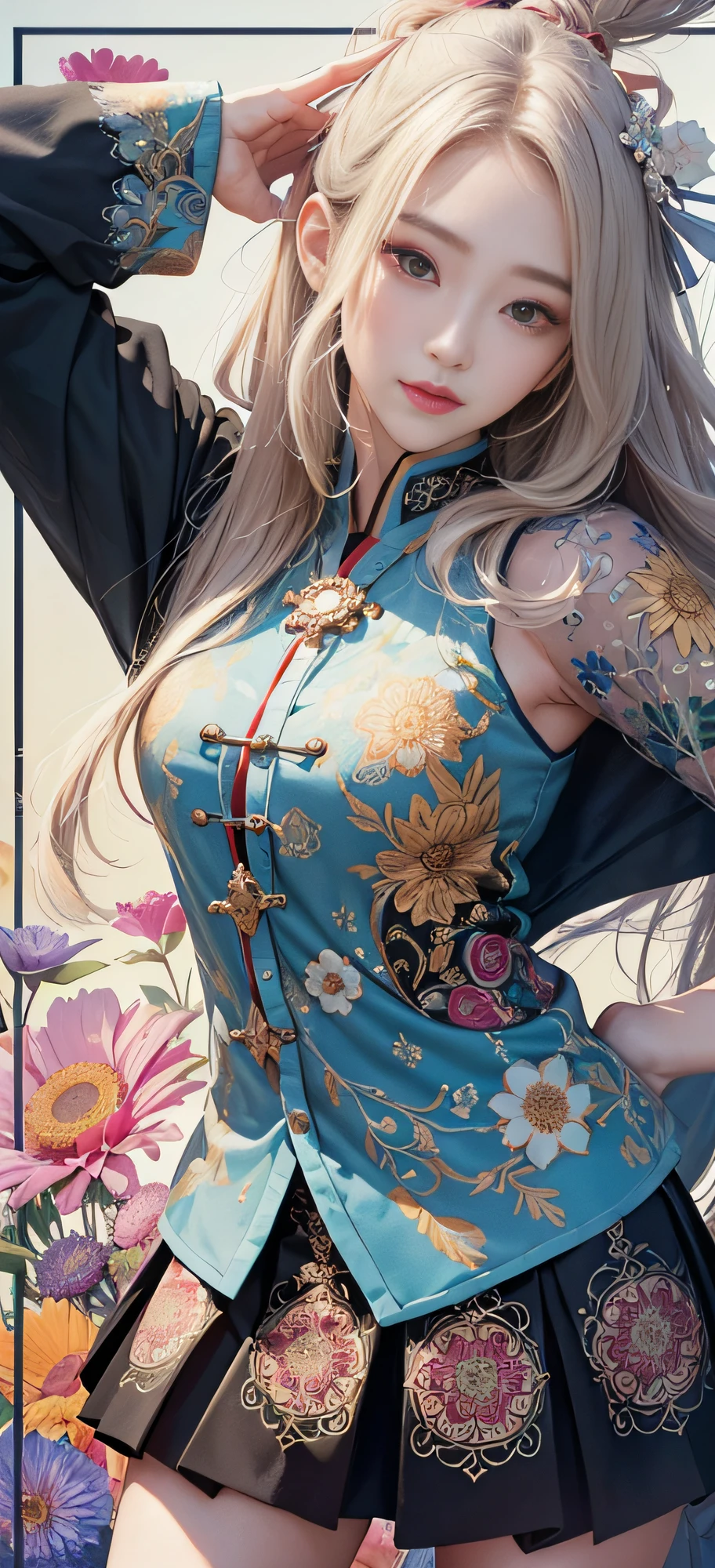 1 girl, Korean, masterpiece, changeable pose, solo, (zen tangles, mandalas, tangles, tangles), (flowers: 1.2) official art, unified 8k wallpapers, super detailed, aesthetics, masterpiece, best quality, photo realism, shirt clothes, black short skirt, photo, close-up of face, fair skin, bright big eyes, tall straight nose, (beautiful face: 1.5), smile, technical aesthetics, real