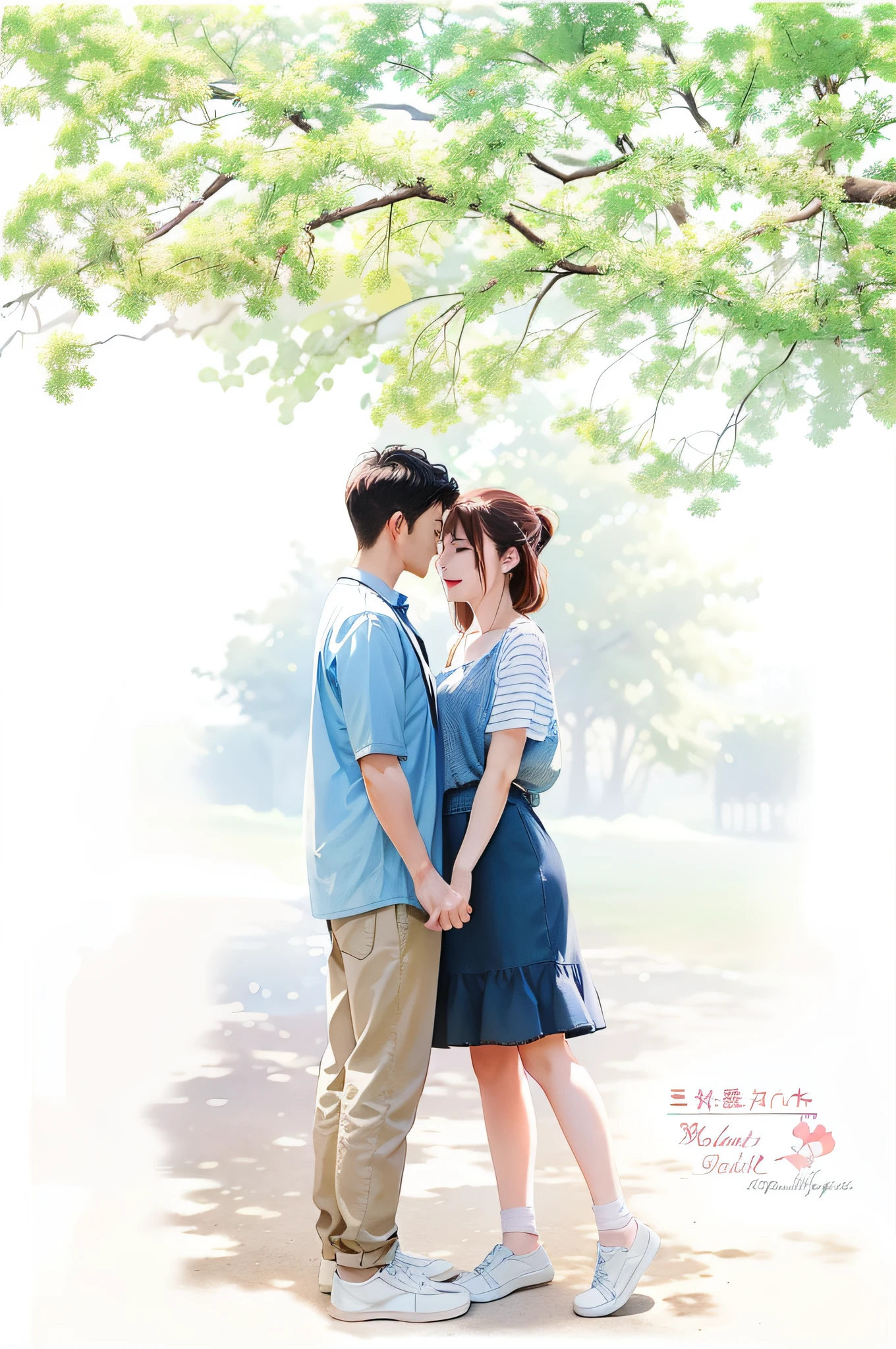 painting of a couple standing under a tree in a park, couple pose, [ digital art ]!!, realistic picture, photorealistic!!!!!!! art style, watercolor digital painting, romantic couple, lovely couple, couple portrait, couple, beautiful drawing style, colorized pencil sketch, official fanart, a beautiful artwork illustration, digital cartoon painting art, couples portrait, made with anime painter studio