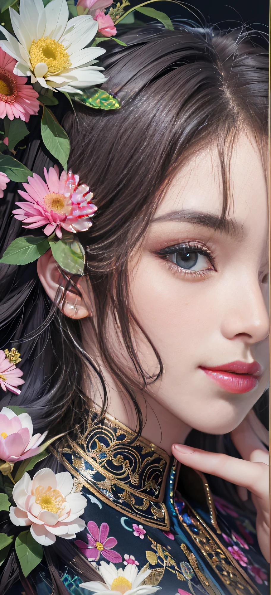 1 girl, Korean, masterpiece, changeable pose, solo, (zen tangles, mandalas, tangles, tangles), (flowers: 1.2) official art, unified 8k wallpapers, super detailed, aesthetics, masterpiece, best quality, photo realism, shirt clothes, black short skirt, photo, close-up of face, fair skin, bright big eyes, tall straight nose, (beautiful face: 1.5), smile, technical aesthetics, real