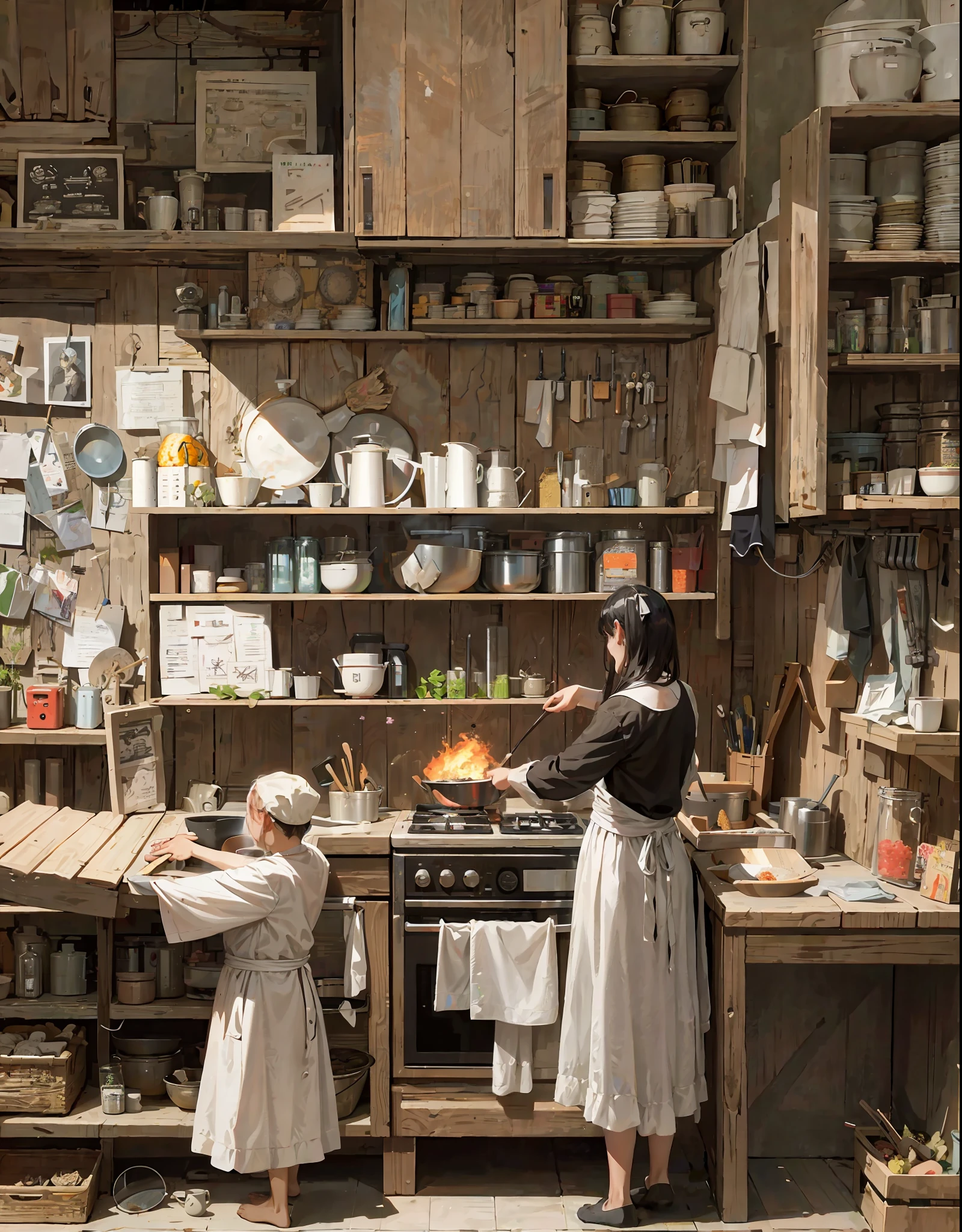 Use ten pictures to show primitive people cooking, Song dynasty people cooking, gas stove era cooking, AI era cooking, robot cooking