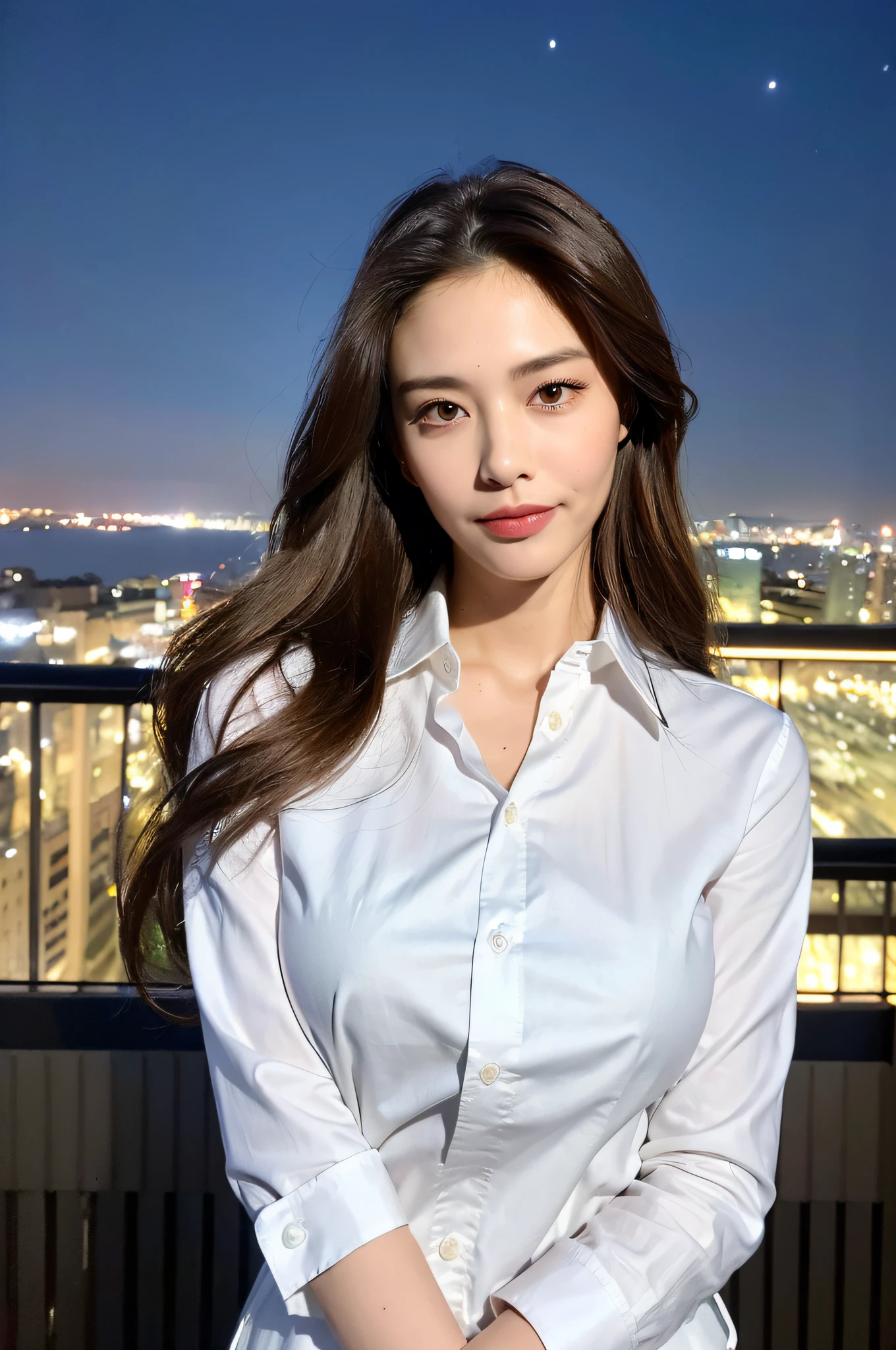 ((Best quality, 8k, Masterpiece :1.3)), Whole body, Long legs, Sharp focus :1.2, A pretty woman with perfect figure :1.4, Slender abs :1.1, ((Dark brown hair, Big breasts :1.2)), (Light fabric white shirt, Happy expression, Standing:1.2), ((Night city view, Balcony :1.3)), Highly detailed face and skin texture, Detailed eyes, Double eyelid