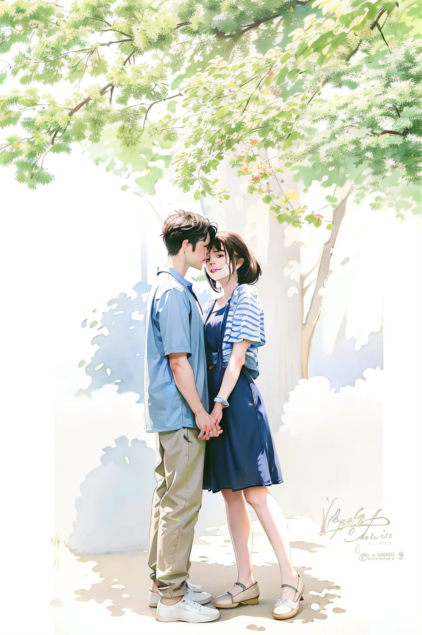 painting of a couple standing under a tree in a park, couple pose, [ digital art ]!!, realistic picture, photorealistic!!!!!!! art style, watercolor digital painting, romantic couple, lovely couple, couple portrait, couple, beautiful drawing style, colorized pencil sketch, official fanart, a beautiful artwork illustration, digital cartoon painting art, couples portrait, made with anime painter studio