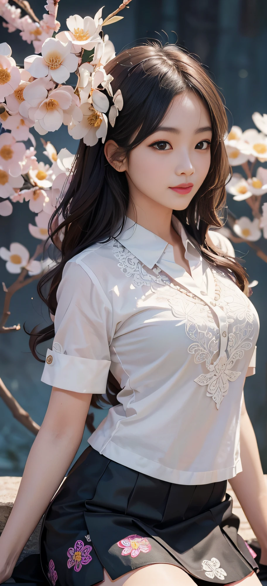1 girl, Korean, masterpiece, changeable pose, solo, (zen tangles, mandalas, tangles, tangles), (flowers: 1.2) official art, unified 8k wallpapers, super detailed, aesthetics, masterpiece, best quality, photo realism, shirt clothes, black short skirt, photo, close-up of face, fair skin, bright big eyes, tall straight nose, (beautiful face: 1.5), smile, technical aesthetics, real