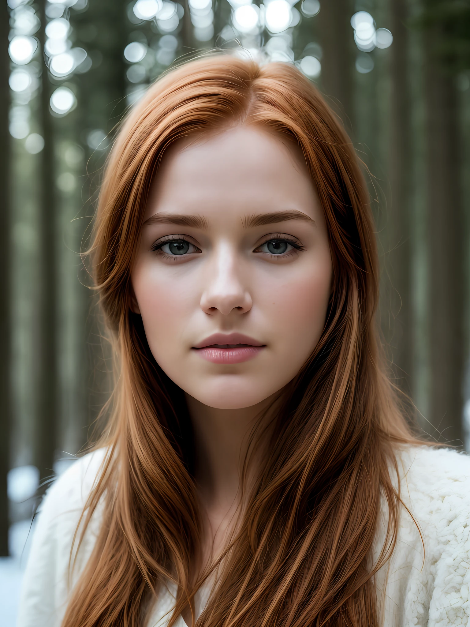close up of a european woman, ginger hair, winter forest, natural skin texture, 24mm, 4k textures, soft cinematic light, RAW photo, photorealism, photorealistic, intricate, elegant, highly detailed, sharp focus, ((((cinematic look)))), soothing tones, insane details, intricate details, hyperdetailed, low contrast, soft cinematic light, dim colors, exposure blend, hdr, faded