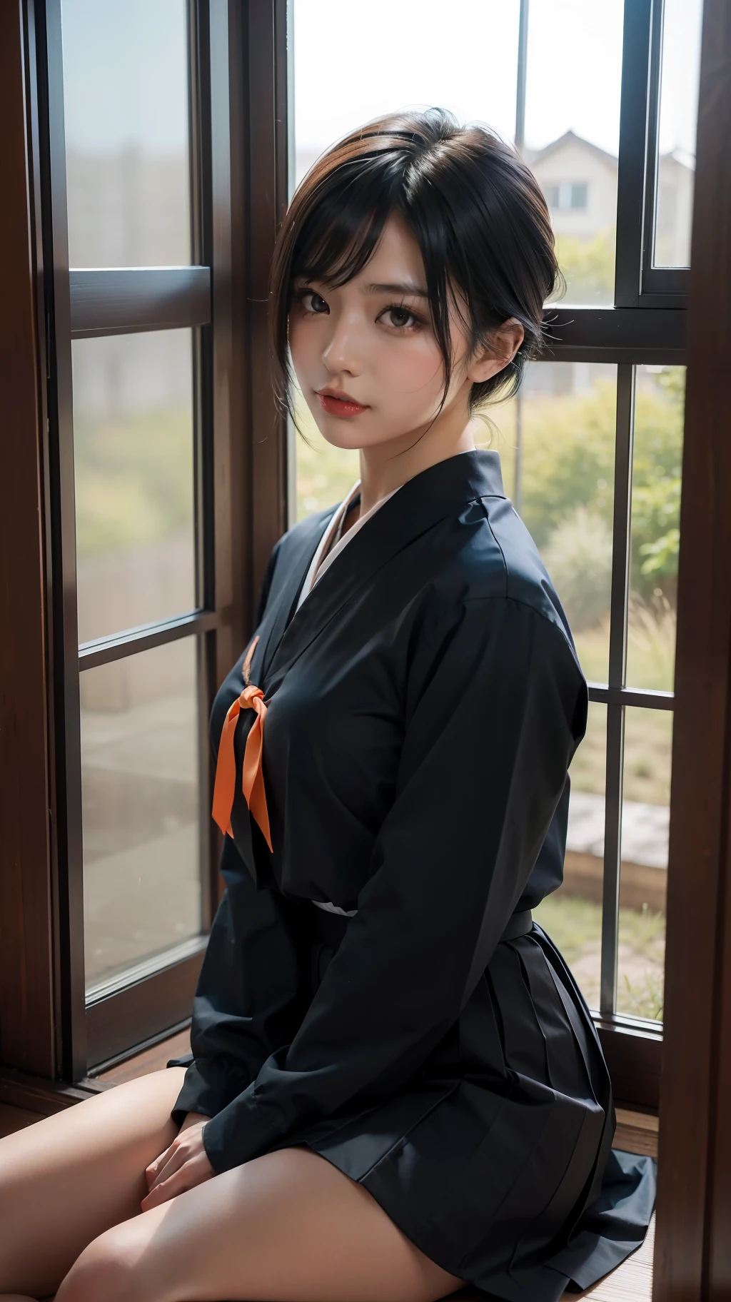 1girl, very realistic model, super detailed, sitting in the opened window door, orange blue sky, medium sized breast, wearing tight black japanese seifuku, japanese high school uniform, wolf cut hair with hair clip,