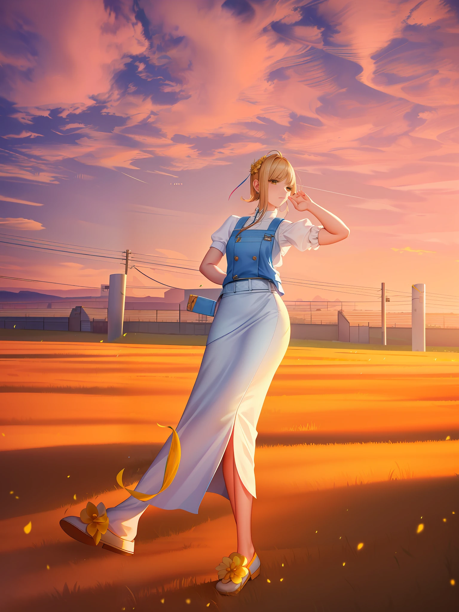 woman in a white skirt and denim jacket standing in front of a fence, jia, dressed in long fluent skirt, exclusive, 🤬 🤮 💕 🎀, 8k)), wearing wheat yellow gauze, 2 0 1 0 s, 2010s, dressed with long fluent clothes, long skirt, skinny waist and thick hips, summer