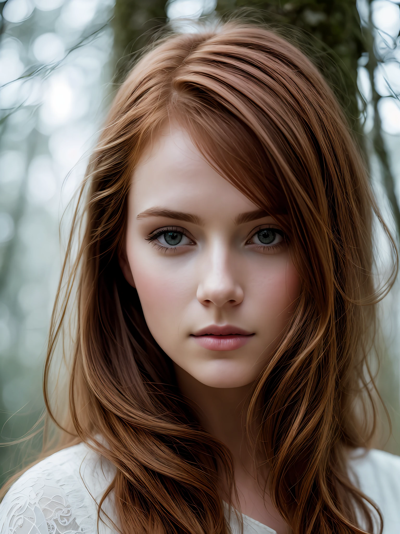 close up of a european woman, ginger hair, winter forest, natural skin texture, 24mm, 4k textures, soft cinematic light, RAW photo, photorealism, photorealistic, intricate, elegant, highly detailed, sharp focus, ((((cinematic look)))), soothing tones, insane details, intricate details, hyperdetailed, low contrast, soft cinematic light, dim colors, exposure blend, hdr, faded
