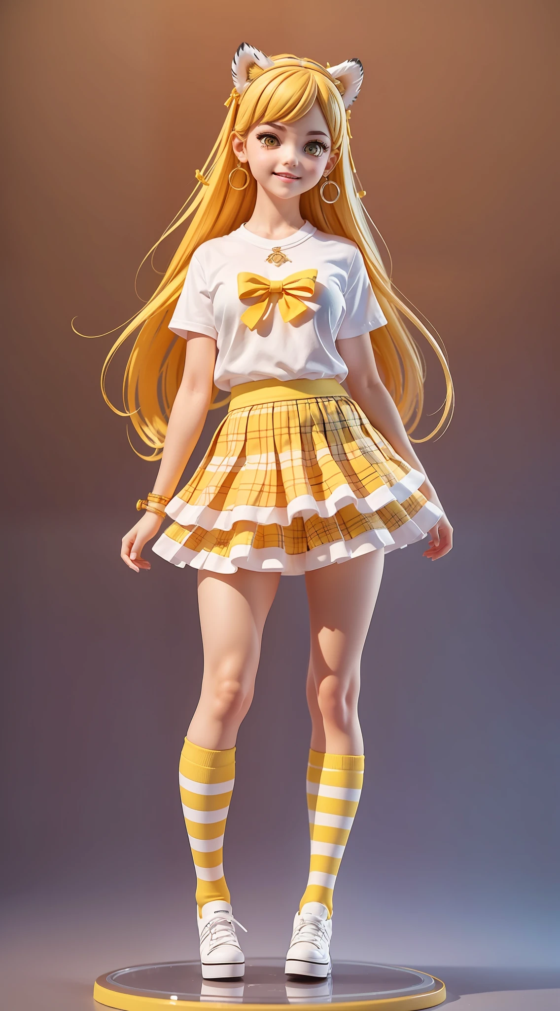 1girl, (anatomically correct), full body, (white shirt:1.1), (plaid skirt: 1.1), school sportswear, lace skirt, (tiger socks), (yellow high heels), broken [yellow: pink: 0.5] theme, (gradient background: 1.1), long hair, (tiger ear ring), yellow eyes, smile, delicate tiara, standing on round glass with clay texture, blind box toy style, sideways, panorama, (masterpiece: 1.1), (best quality: 1.1)