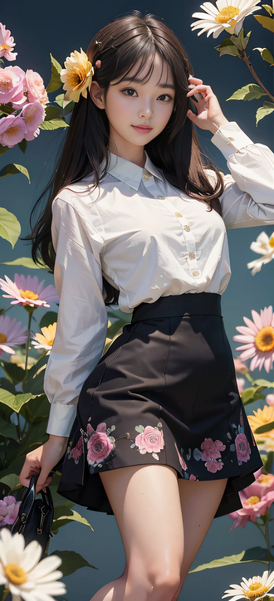 1 girl, Korean, masterpiece, changeable pose, solo, (zen tangles, mandalas, tangles, tangles), ((flowers: 1.4)) Official art, unified 8k wallpaper, super detailed, aesthetics, masterpiece, best quality, photo realism, shirt clothes, black short skirt, photo, close-up of face, fair skin, bright big eyes, tall straight nose, (beautiful face: 1.5), smile, technical aesthetics, real