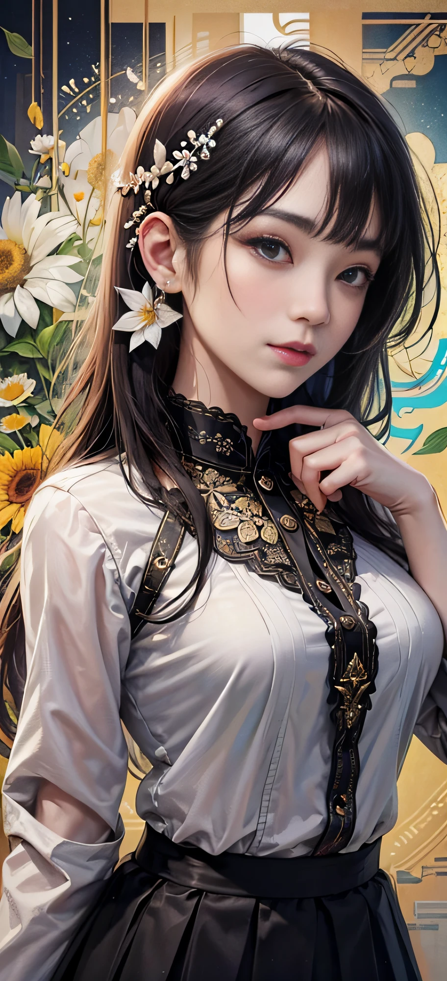 1 girl, Korean, masterpiece, changeable pose, solo, (zen tangles, mandalas, tangles, tangles), ((flowers: 1.4)) Official art, unified 8k wallpaper, super detailed, aesthetics, masterpiece, best quality, photo realism, shirt clothes, black short skirt, photo, close-up of face, fair skin, bright big eyes, tall straight nose, (beautiful face: 1.5), smile, technical aesthetics, real