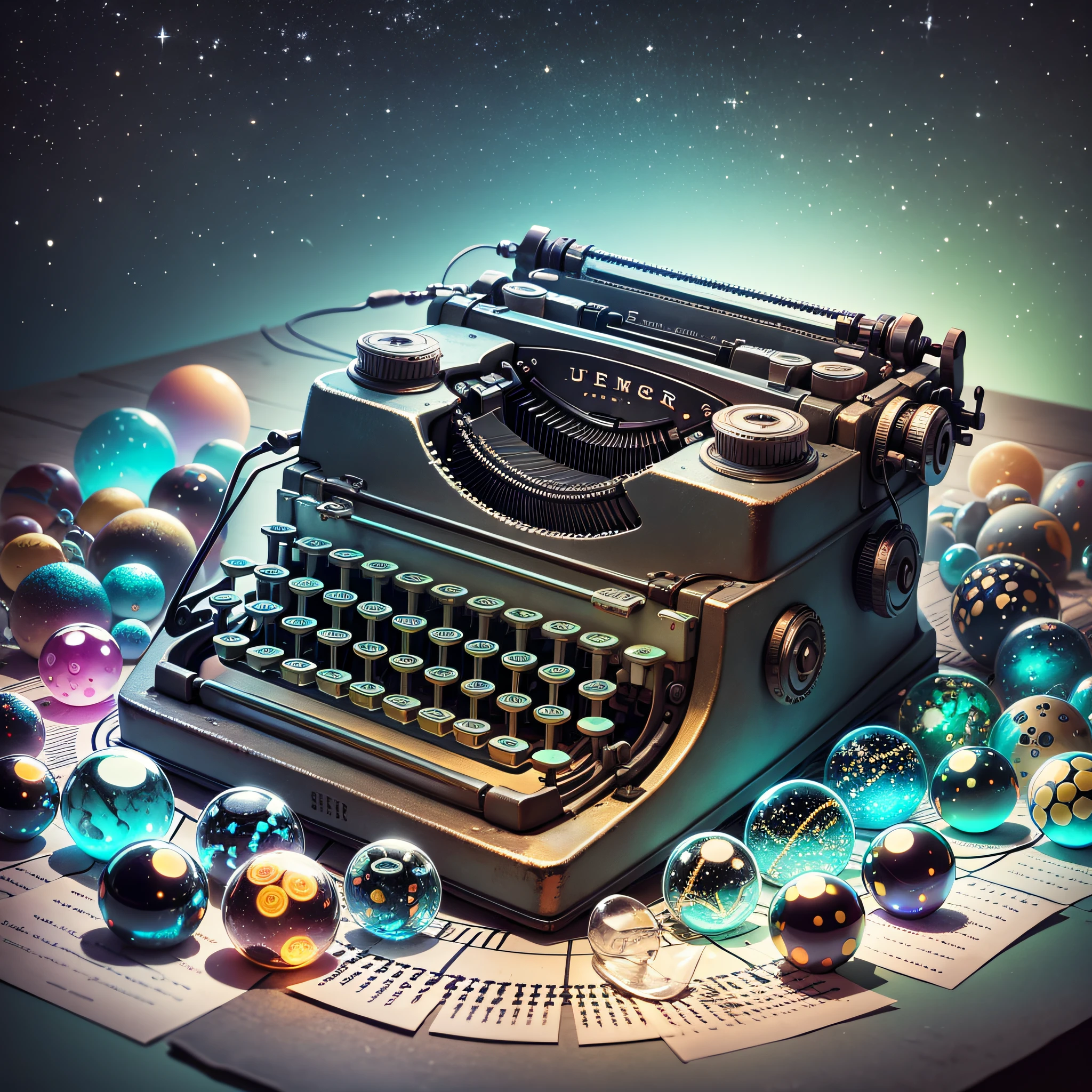 A dreamlike still life of a vintage typewriter surrounded by glowing marbles on a metallic surface. --auto --s2