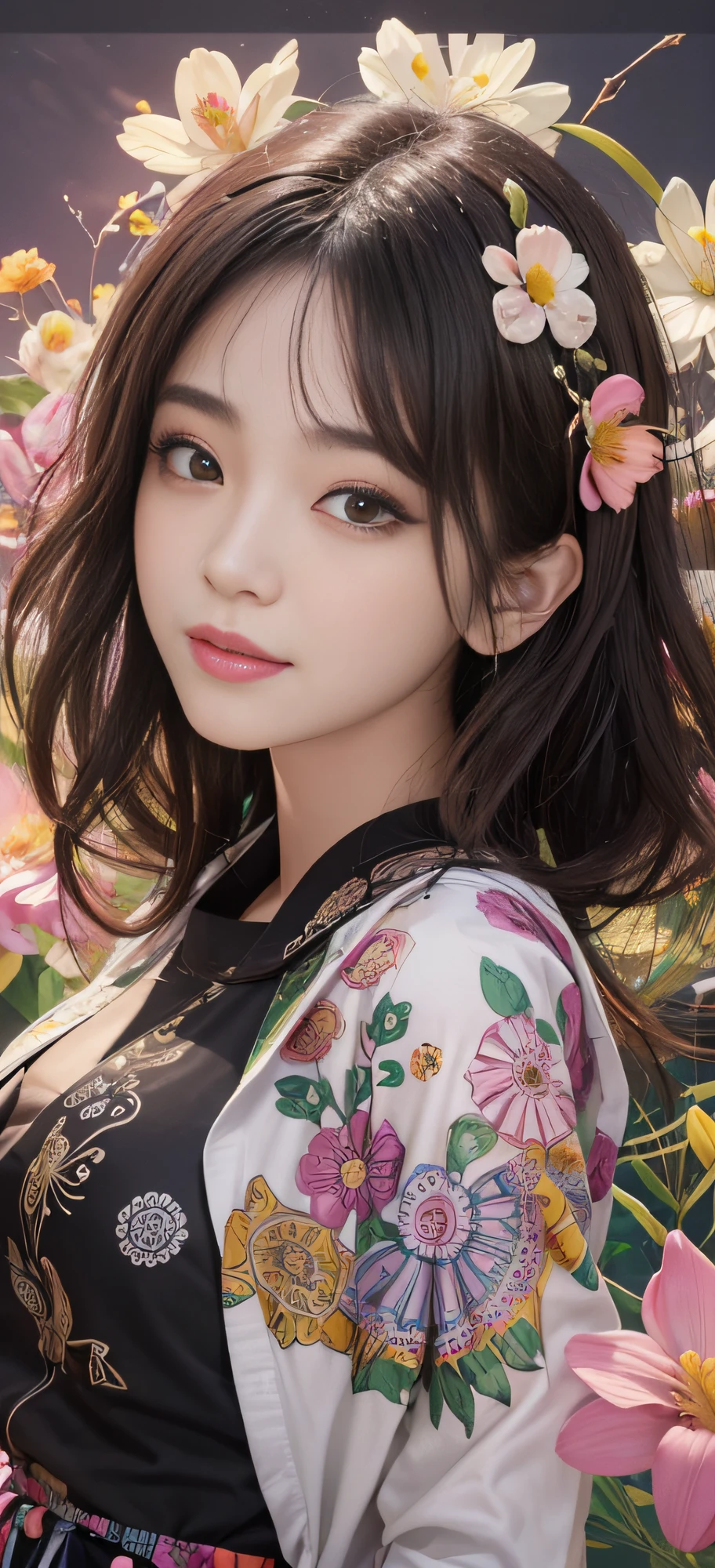 1 girl, Korean, masterpiece, changeable pose, solo, (zen tangles, mandalas, tangles, tangles), ((flowers: 1.4)) Official art, unified 8k wallpaper, super detailed, aesthetics, masterpiece, best quality, photo realism, shirt clothes, black short skirt, photo, close-up of face, fair skin, bright big eyes, tall straight nose, (beautiful face: 1.5), smile, technical aesthetics, real