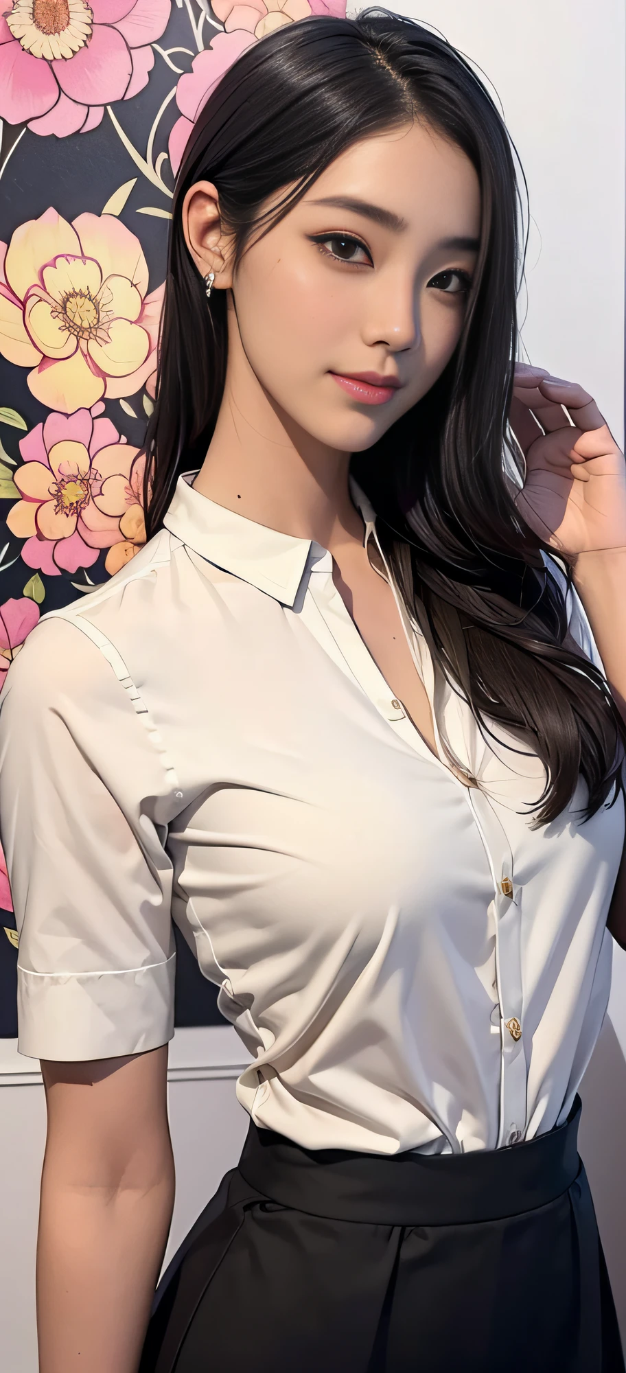 1 girl, Korean, masterpiece, changeable pose, solo, (zen tangles, mandalas, tangles, tangles), ((flowers: 1.4)) Official art, unified 8k wallpaper, super detailed, aesthetics, masterpiece, best quality, photo realism, shirt clothes, black short skirt, photo, close-up of face, fair skin, bright big eyes, tall straight nose, (beautiful face: 1.5), smile, technical aesthetics, real
