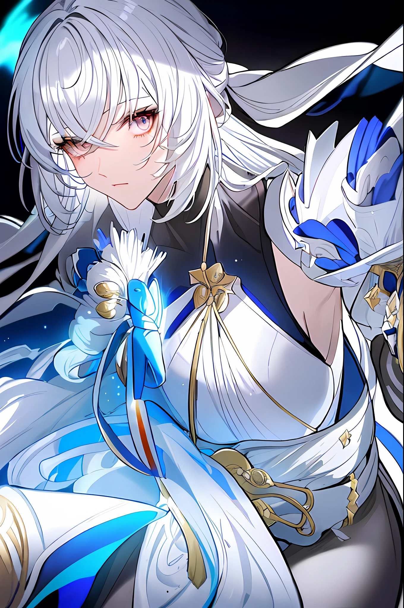 1girl, bangs, white hair, long hair, white eyes, tights, dress, gloves,(Masterpiece: 1.2), (Best Quality), 4k, Ultra-detailed, (Dynamic composition: 1.4), Rich in detail and color, (Glow, Atmospheric lighting), (colorful),(finely detailed beautiful eyes and detailed face),cinematic lighting,