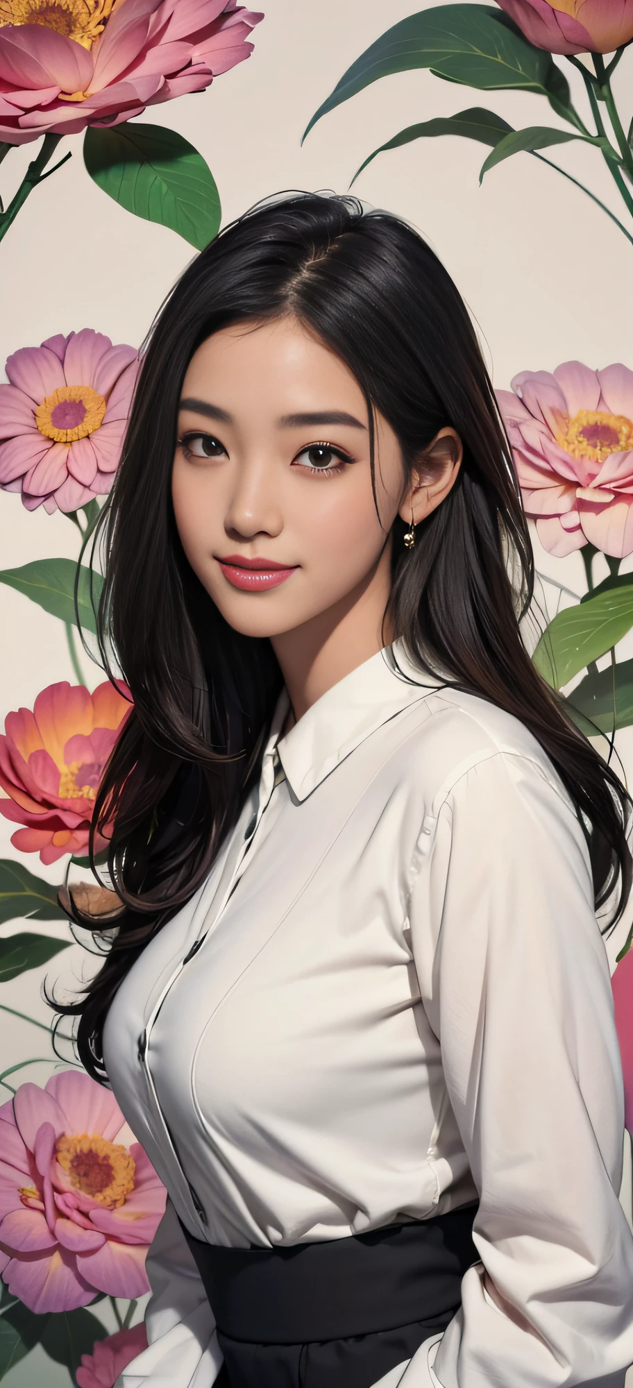 1 girl, Korean, masterpiece, changeable pose, solo, (zen tangles, mandalas, tangles, tangles), ((flowers: 1.4)) Official art, unified 8k wallpaper, super detailed, aesthetics, masterpiece, best quality, photo realism, shirt clothes, black short skirt, photo, close-up of face, fair skin, bright big eyes, tall straight nose, (beautiful face: 1.5), smile, technical aesthetics, real