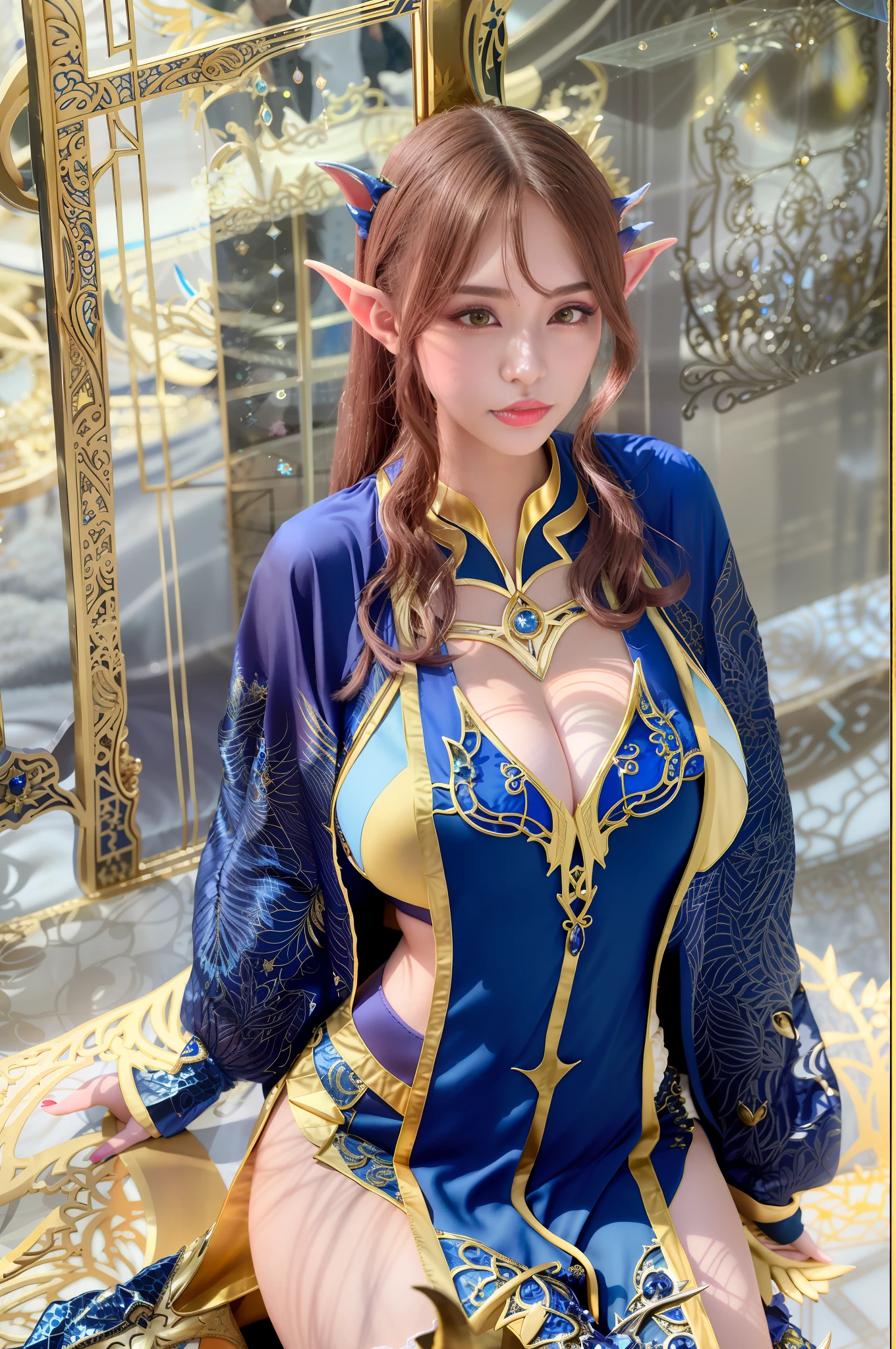 araffe dressed in a blue and gold outfit posing for a picture, succubus in tight short dress, full body xianxia, very beautiful elven top model, japanese goddess, giant stunning goddess shot, a beautiful sorceress, sakimichan, anime girl cosplay, cosplay, trending at cgstation, alluring elf princess knight