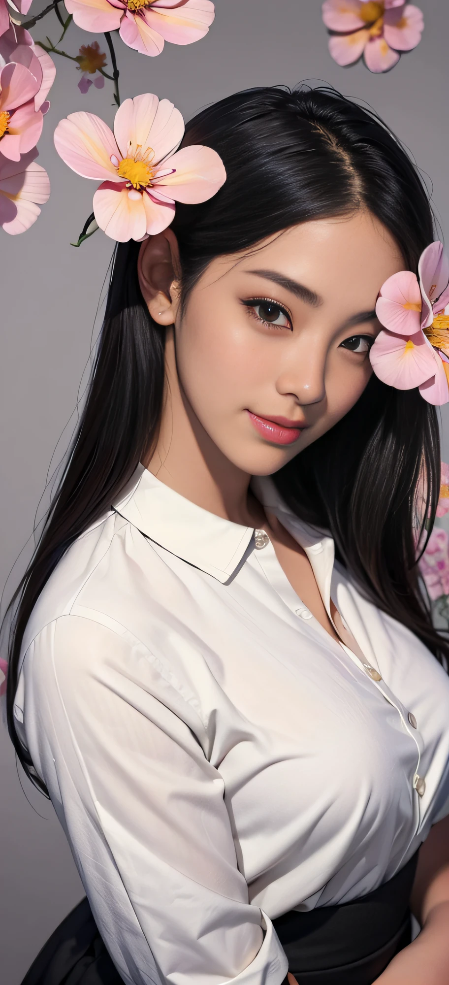 1 girl, Korean, masterpiece, changeable pose, solo, (zen tangles, mandalas, tangles, tangles), ((flowers: 1.4)) Official art, unified 8k wallpaper, super detailed, aesthetics, masterpiece, best quality, photo realism, shirt clothes, black short skirt, photo, close-up of face, fair skin, bright big eyes, tall straight nose, (beautiful face: 1.5), smile, technical aesthetics, real