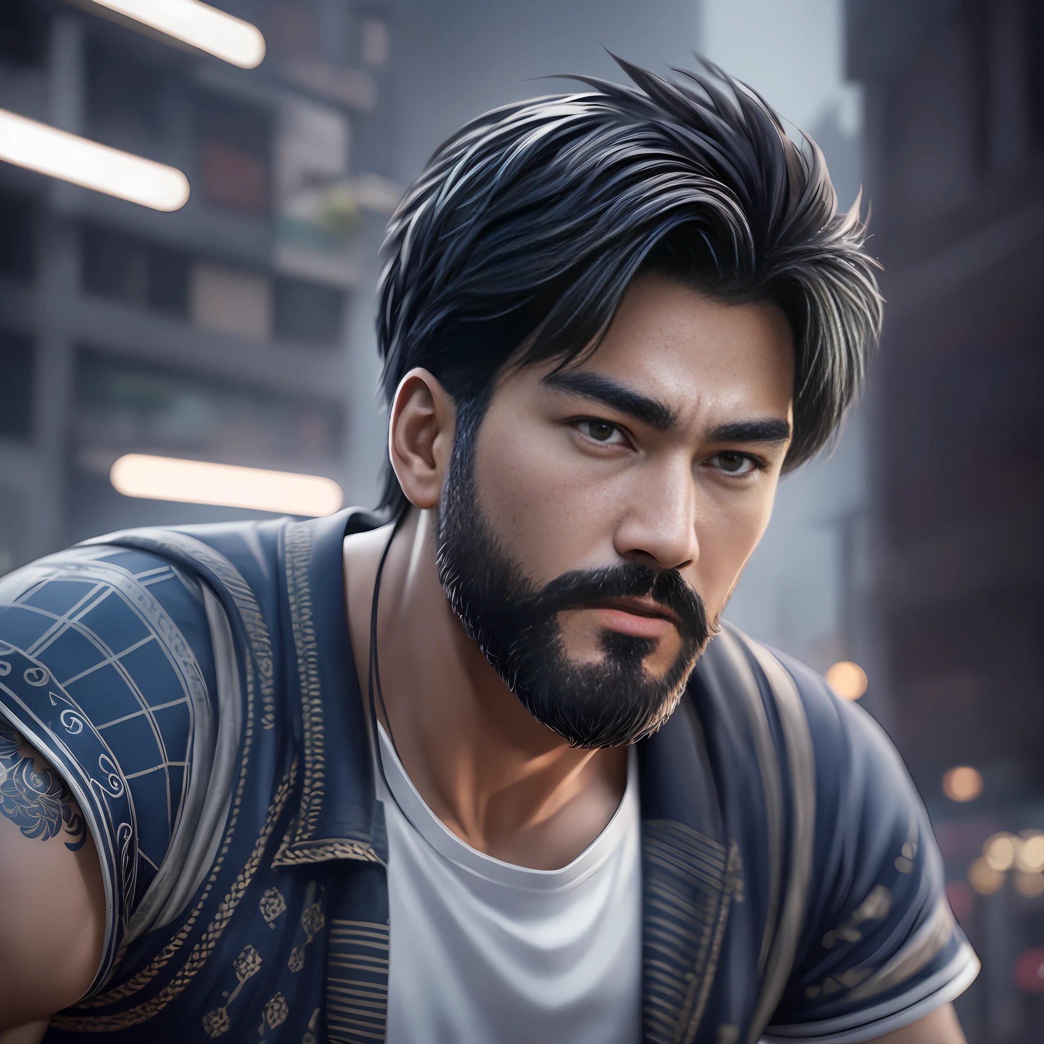 Lively neighborhood, Chinese, angular features, medium length beard, red facial skin, short black hair, sharp eyes, tall and strong physique, wearing white short sleeves, dark blue casual shorts, best quality, realistic, realistic, award-winning illustrations, (complex details: 1.2), (fine details), (complex details), (intricate details), (cinematic light, best quality backlight), 3d rendering, color grading, 5D, super resolution, OLED, cinematic lighting, realistic details, nikon 70-200mm f/2.8G --auto --s2