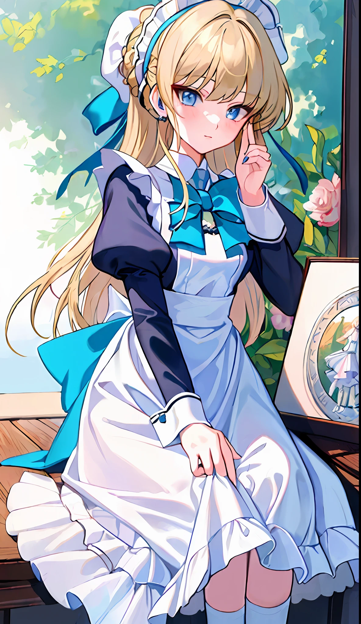 18-year-old beautiful girl, ((((Masterpiece)))), (((highest quality)))), (((Very detailed))), detailed fingers, precise fingers, not unnatural hands, illustration, 1 girl, solo, tied blonde, blue eyes, long-sleeved maid clothes, white high socks, TOKI,