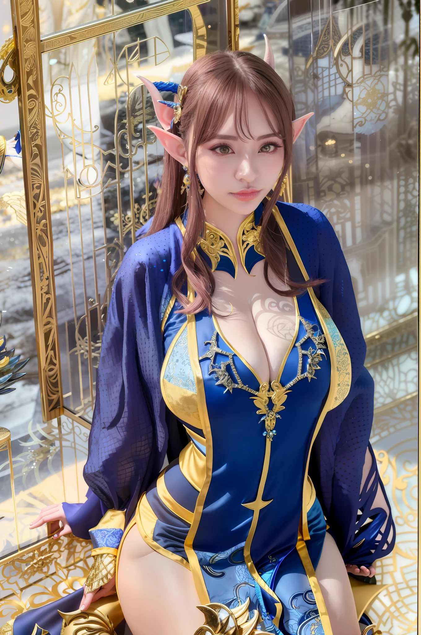 araffe dressed in a blue and gold outfit posing for a picture, succubus in tight short dress, full body xianxia, very beautiful elven top model, japanese goddess, giant stunning goddess shot, a beautiful sorceress, sakimichan, anime girl cosplay, cosplay, trending at cgstation, alluring elf princess knight