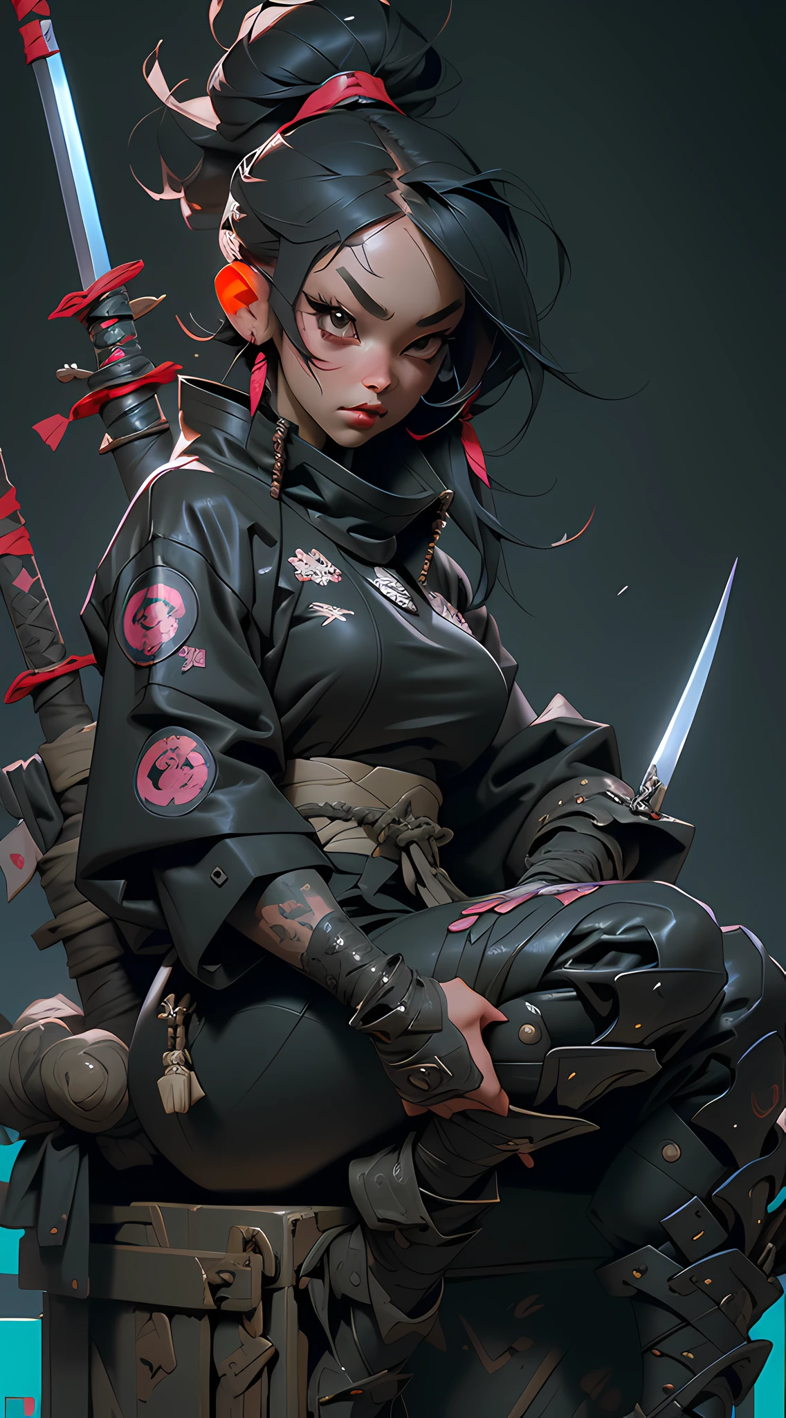 a woman sitting on a box with two swords in her hand, very beautiful cyberpunk samurai, wearing japanese techwear, wearing techwear and armor, anime cosplay, photograph of a techwear woman, cyberpunk samurai, cyberpunk streetwear, samurai style, techwear fashion, future techwear, samurai outfit, anime girl cosplay, techwear look and clothes, cyberpunk nun warrior, techwear