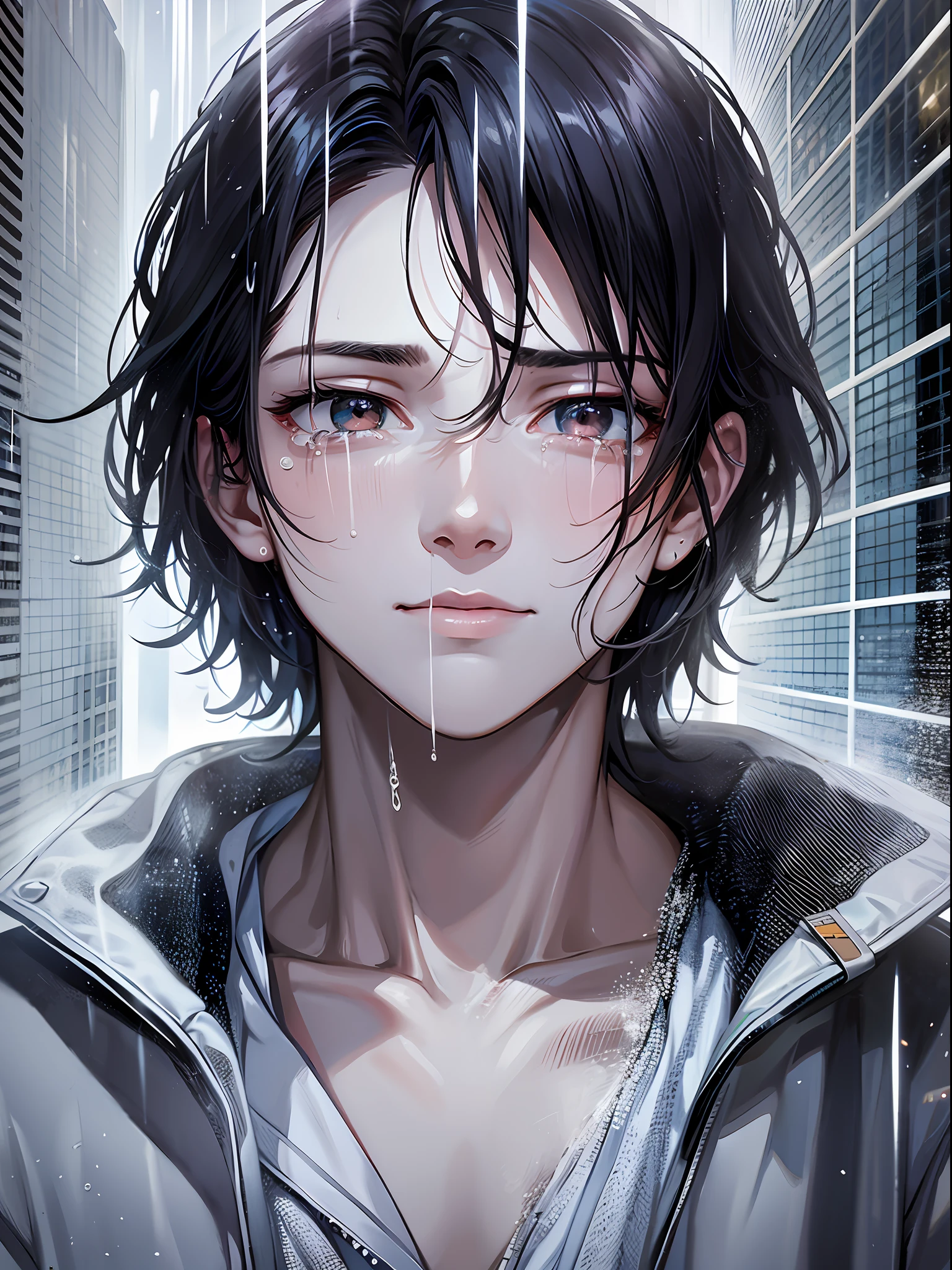 a teenager male, cry for love, on the top of the building, heavy rain drop down, wet clothes, wet hair, clear face, lonely, tearing up, eye reflection, streaming tears, tears, ray tracing, reflection light, chiaroscuro, cinematic lighting, close-up, masterpiece, best quality, high details, highres, ccurate, textured skin, high quality, UHD, HD