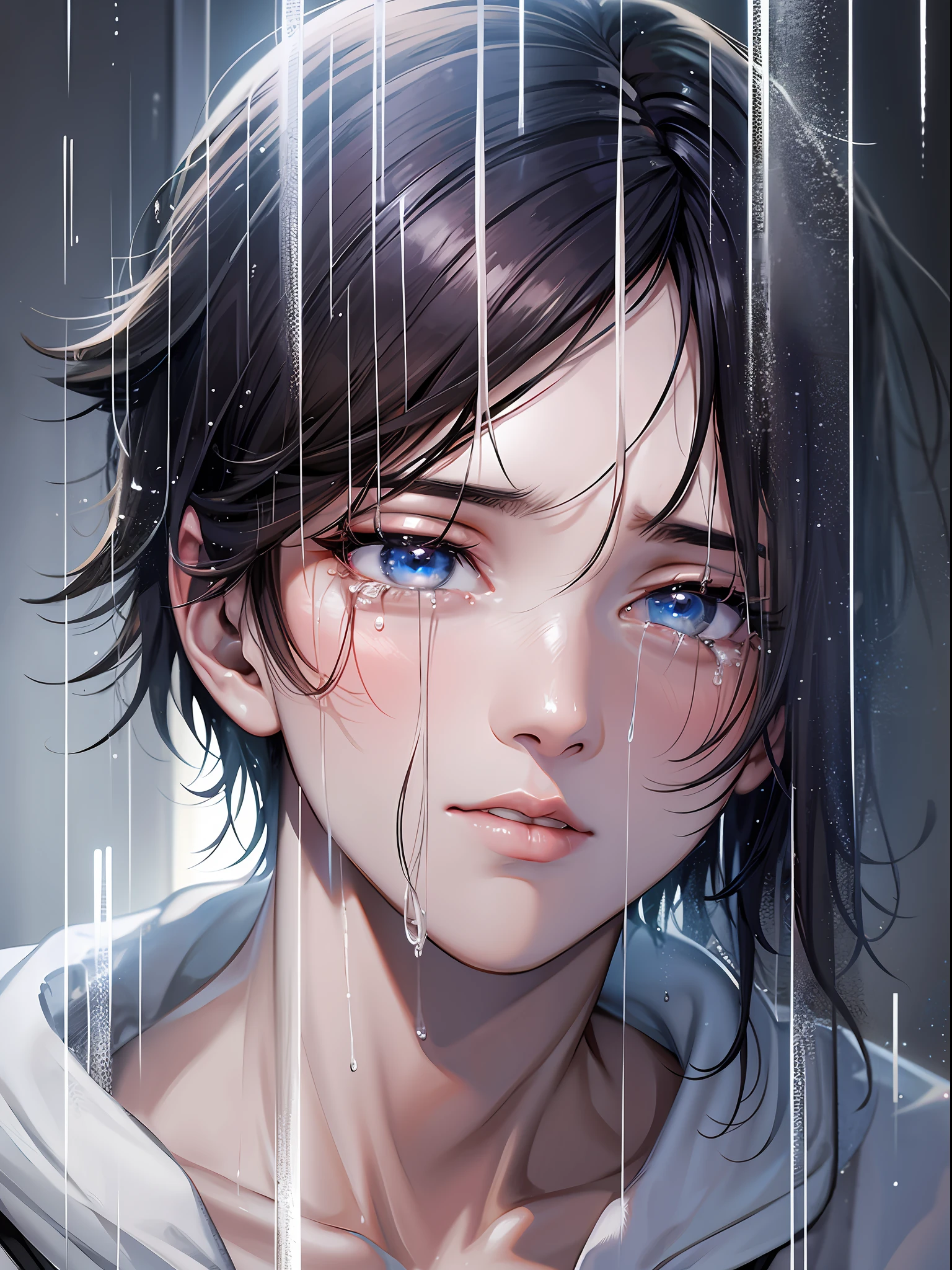 a teenager male, cry for love, on the top of the building, heavy rain drop down, wet clothes, wet hair, clear face, lonely, tearing up, eye reflection, streaming tears, tears, ray tracing, reflection light, chiaroscuro, cinematic lighting, close-up, masterpiece, best quality, high details, highres, ccurate, textured skin, high quality, UHD, HD