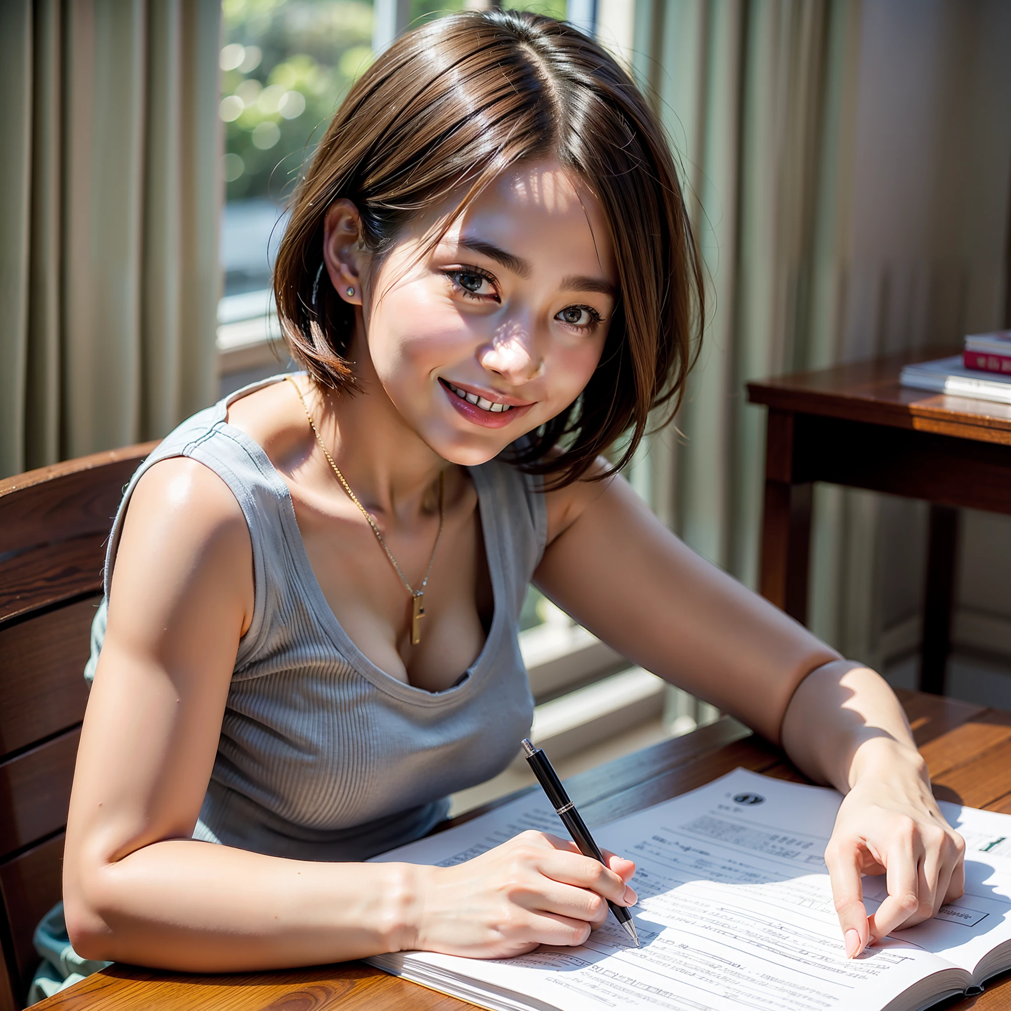 masterpiece, top quality, young woman, smiling, sleeveless shirt, mini skirt, (photorealistic: 1), at the desk, studying, short hair