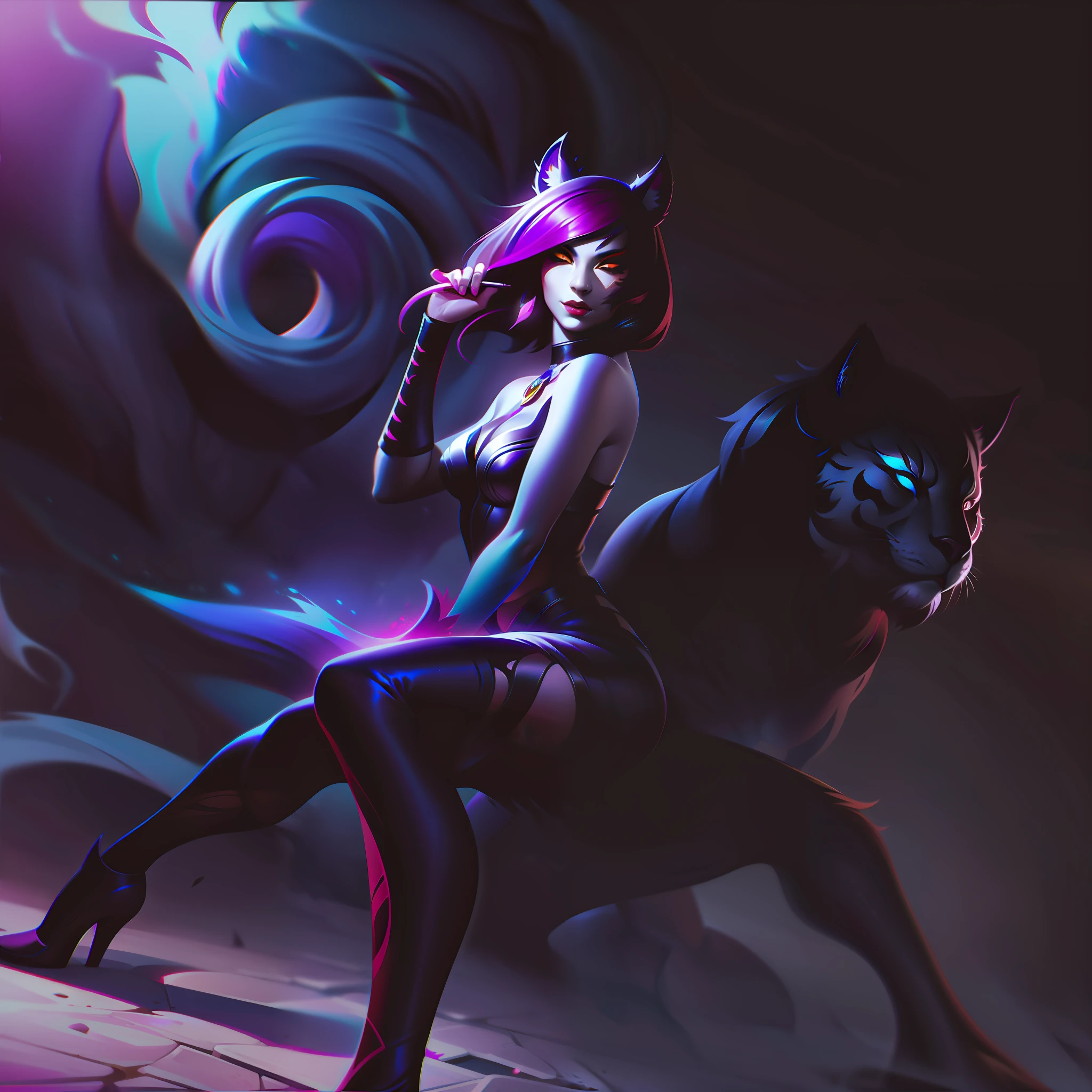 League Of Legends caitlyin with feline appearance with feline tail and ears with tiger eyes looking like Nidalee + femme fatale splashart, splashart, League of Legends splashart, art, brush stroke, masterpiece, 8k, ultra detailed, HD