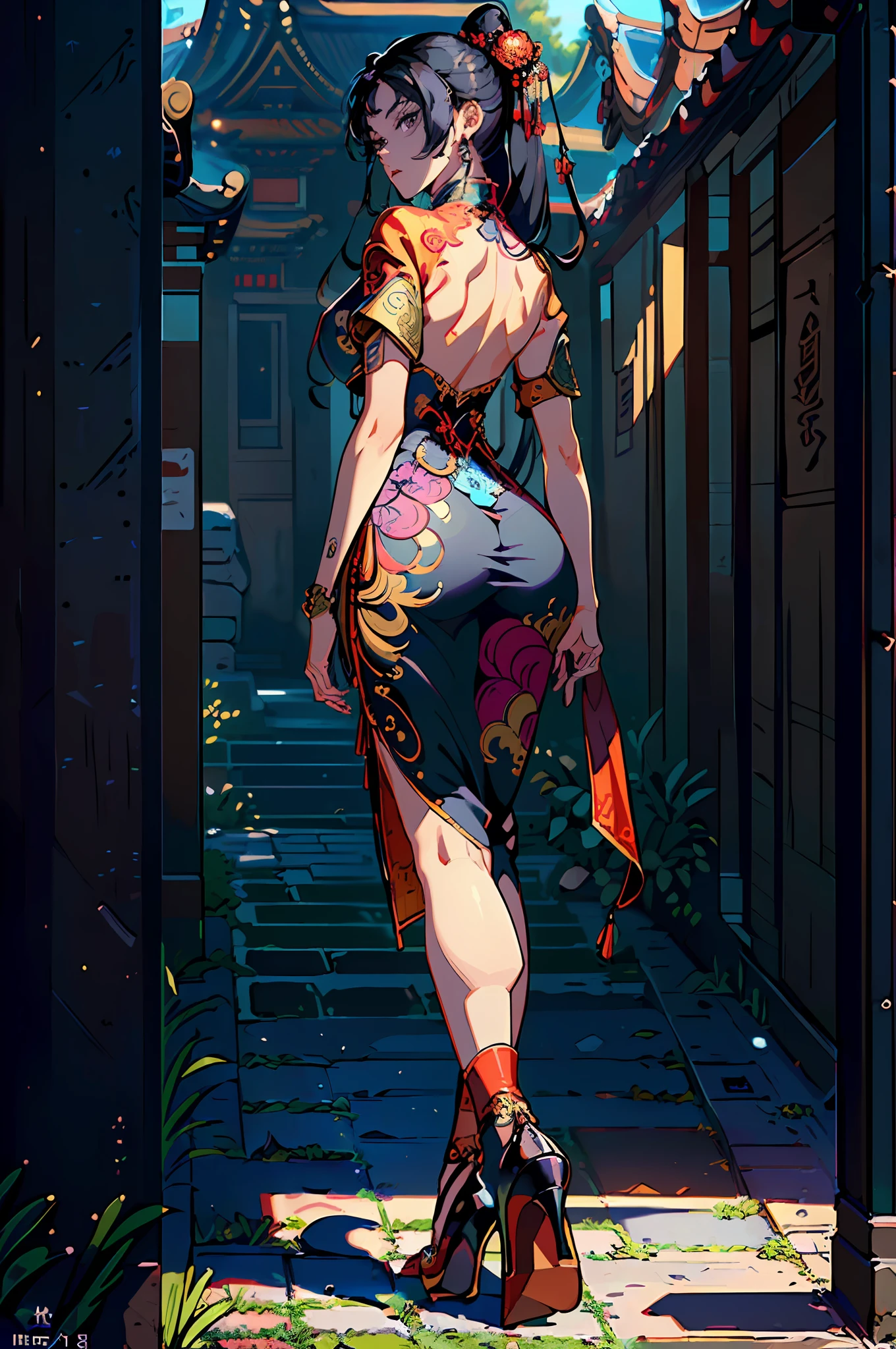 (((masterpiece, top quality, illustrations, details))), (((Highly detailed CG Unity 8k wallpaper, high resolution)), (Detailed face and eyes: 1.1), amazing,
1 girl, big ass, black hair, long hair, solo, photo background, from behind, , red heels, standing, full body, with your back turned,,
purple chinese dress,
ancient buildings of China,