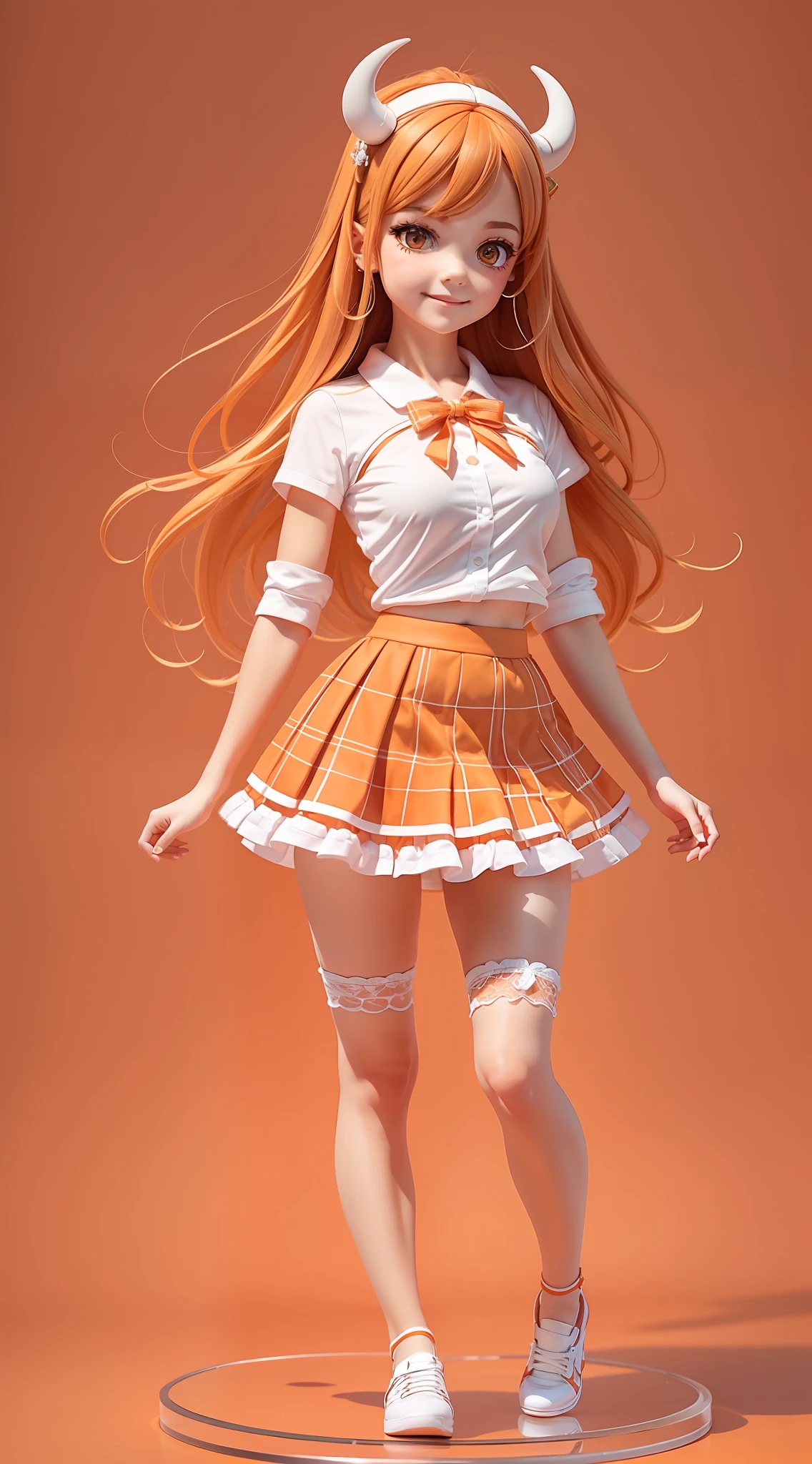 1girl, (anatomically correct), full body, (white shirt:1.1), (plaid skirt: 1.1), school sportswear, lace skirt, (orange stockings), (orange heels), broken [orange: pink: 0.5] theme, (gradient background: 1.1), long hair, (bull horn hair ring), orange eyes, smile, delicate headdress, clay texture, standing on round transparent glass, blind box toy style, sideways, panorama, (masterpiece: 1.1), (best quality: 1.1)