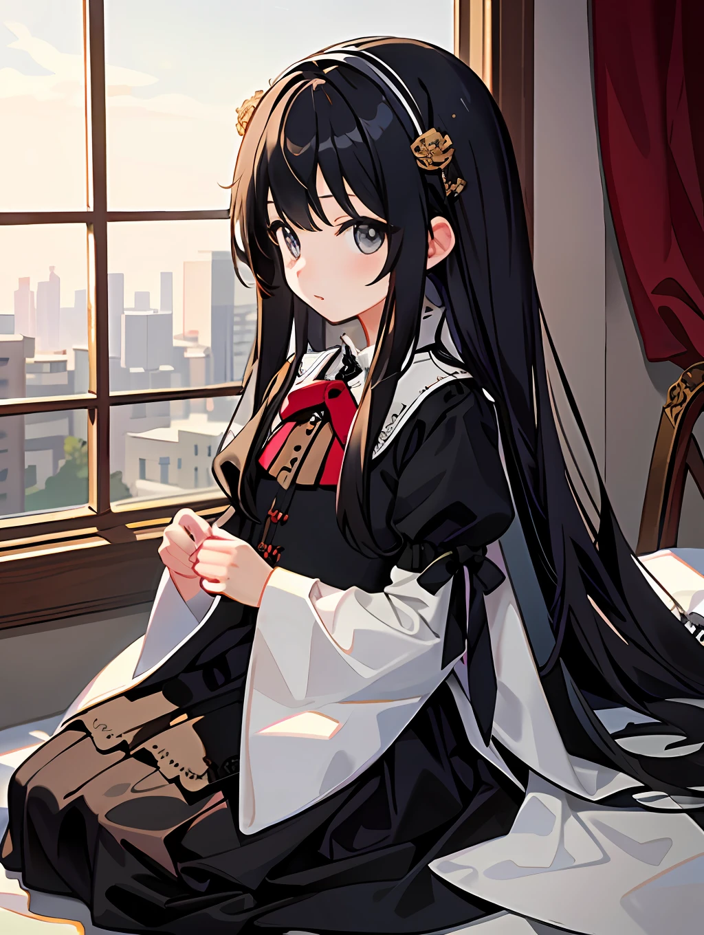 Masterpiece, best quality, super detailed, illustration, girl with long black hair, cute, Loli