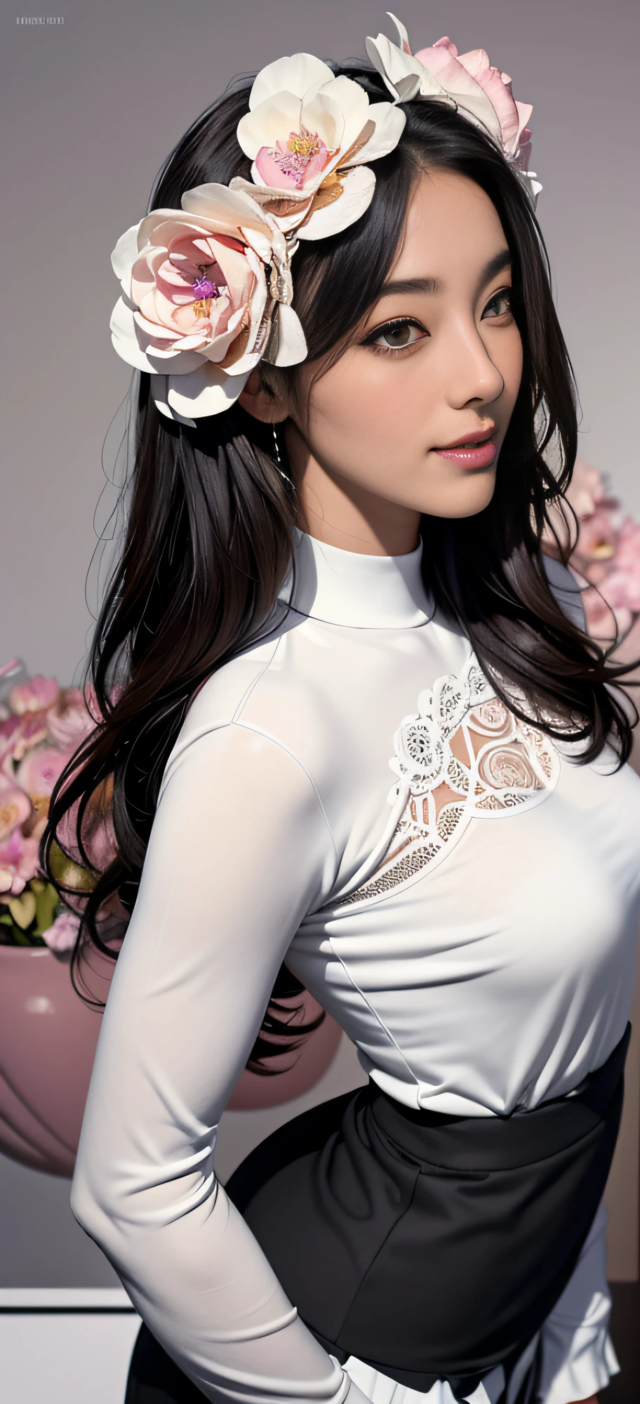 1 girl, Korean, masterpiece, changeable pose, solo, (zen tangles, mandalas, tangles, tangles), ((flowers: 1.4)) Official art, unified 8k wallpaper, super detailed, aesthetics, masterpiece, best quality, photo realism, sportswear, black skirt, white stockings, photo, close-up of face, fair skin, bright big eyes, tall straight nose, (beautiful face: 1.5), smile, technical aesthetics, authenticity