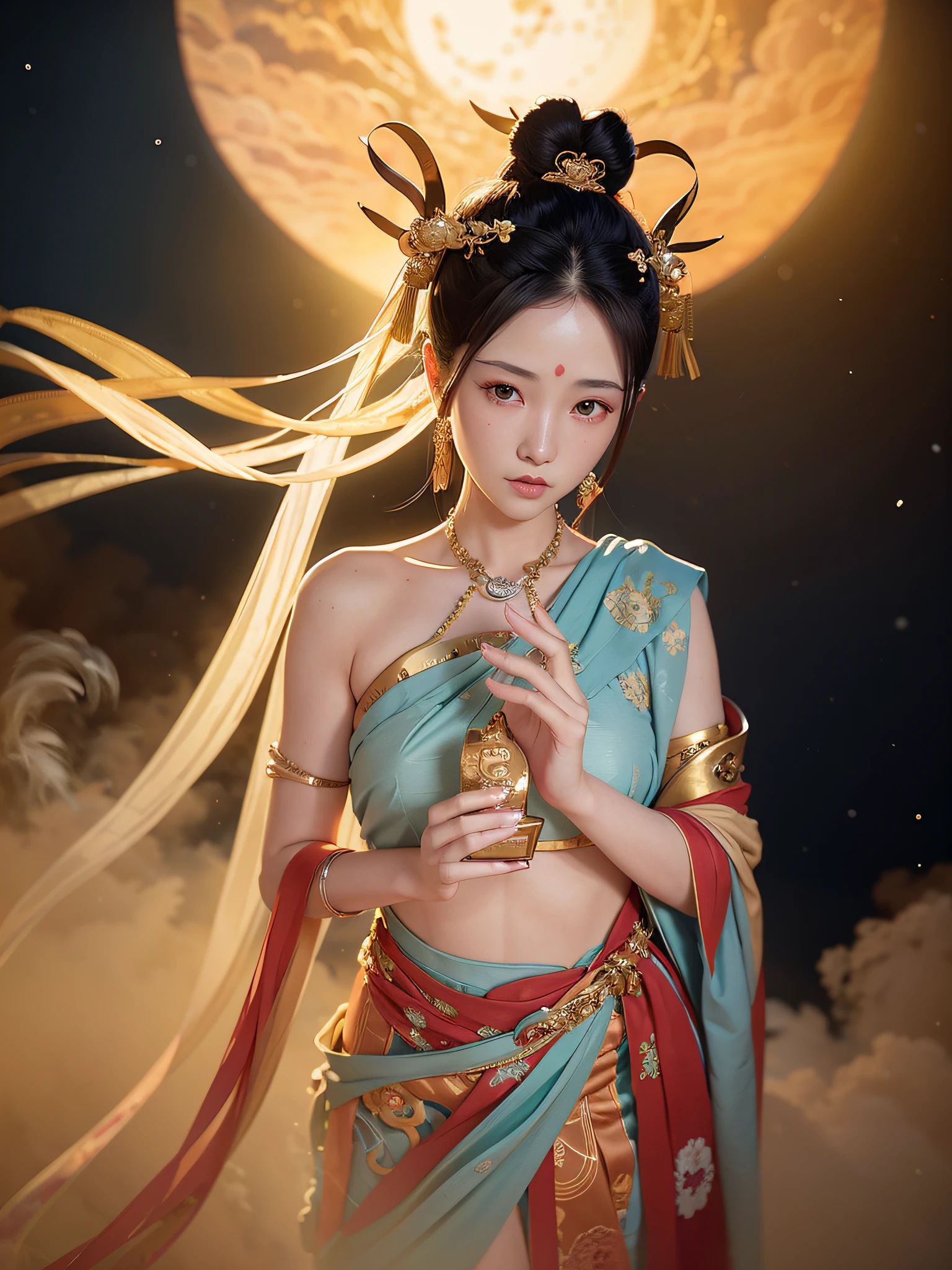 NSFW, Masterpiece, Best Quality, Full Body Shot, (Dark Photo: 1.3), Realistic, 1 Girl, Urzang, (PureErosFace_V1:0.7), 1 Girl Under the Moon ((Flying)), Chinese Immortals, dunhuang_cloths, dunhuang_style, (Chinese palace in the sky in the background: 1.5), (clouds on the ground: 1.5, surrounded by smoke: 1.5), best quality, realistic, realistic, award-winning illustrations, (complex details: 1.2), (fine details), (intricate details), (cinematic light, best quality backlight), clear lines, fashion girl, sharp focus, realistic face, detailed face, official art, Unity 8k wallpaper, super high resolution, (realistic: 1.5), looking at the viewer, ulzzang-6500,