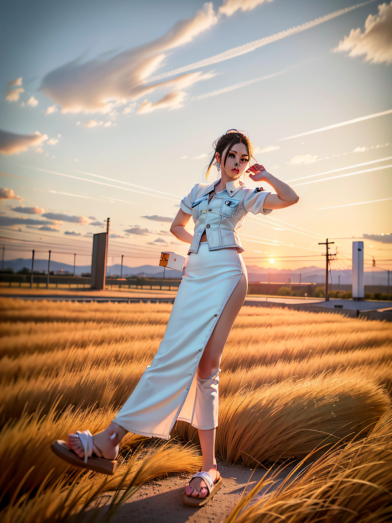 woman in a white skirt and denim jacket standing in front of a fence, jia, dressed in long fluent skirt, exclusive, 🤬 🤮 💕 🎀, 8k)), wearing wheat yellow gauze, 2 0 1 0 s, 20, dressed with long fluent clothes, long skirt, skinny waist and thick hips, summer