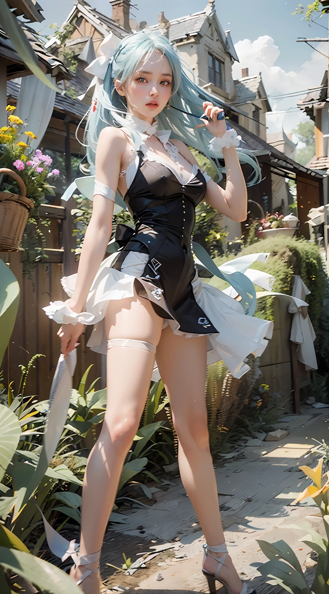 ((Best Quality)), ((Masterpiece)), (Details: 1.4), 3D, A Beautiful Beauty, (Long Light Blue Hair, Ribbon: 1.9), (Plain White Long Dress: 1.7), (Crystal High Heels: 1.6) (Green Eyes: 1.5), Face Portrait, HDR (High Dynamic Range), Ray Tracing, NVIDIA RTX, Super-Resolution, Unreal 5, Subsurface Scattering, PBR Textures, Post-processing, Anisotropic filtering, depth of field, maximum sharpness and sharpness, multi-layer textures, albedo and specular mapping, surface shading, accurate simulation of light-material interactions, perfect proportions, Octane Render, bicolor light, large aperture, low ISO, white balance, rule of thirds, 8K RAW,