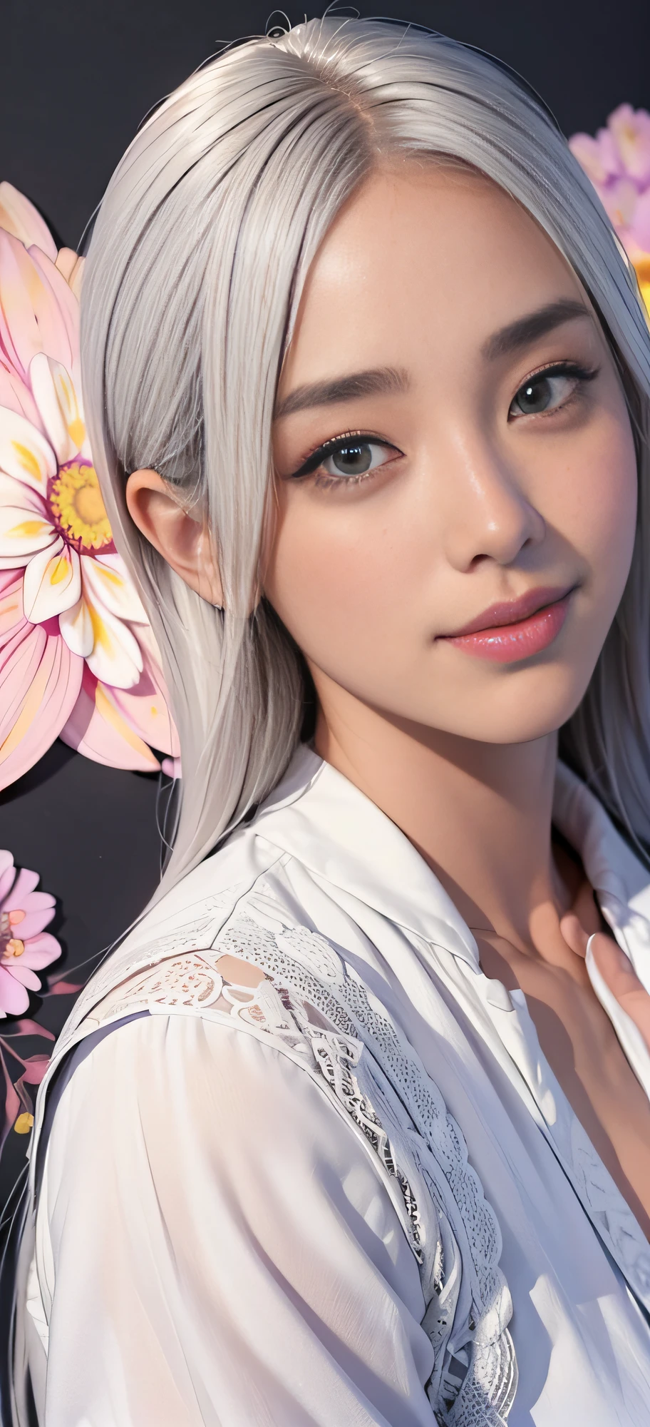 1 girl, Korean, masterpiece, changeable pose, solo, (zen tangles, mandalas, tangles, tangles), ((flowers: 1.4)) Official art, unified 8k wallpaper, super detailed, aesthetics, masterpiece, best quality, photo realism, sportswear, black short skirt, white stockings, white gradient hair, photo, close-up of face, fair skin, bright big eyes, tall straight nose, (beautiful face: 1.5), smile, technical aesthetics, real