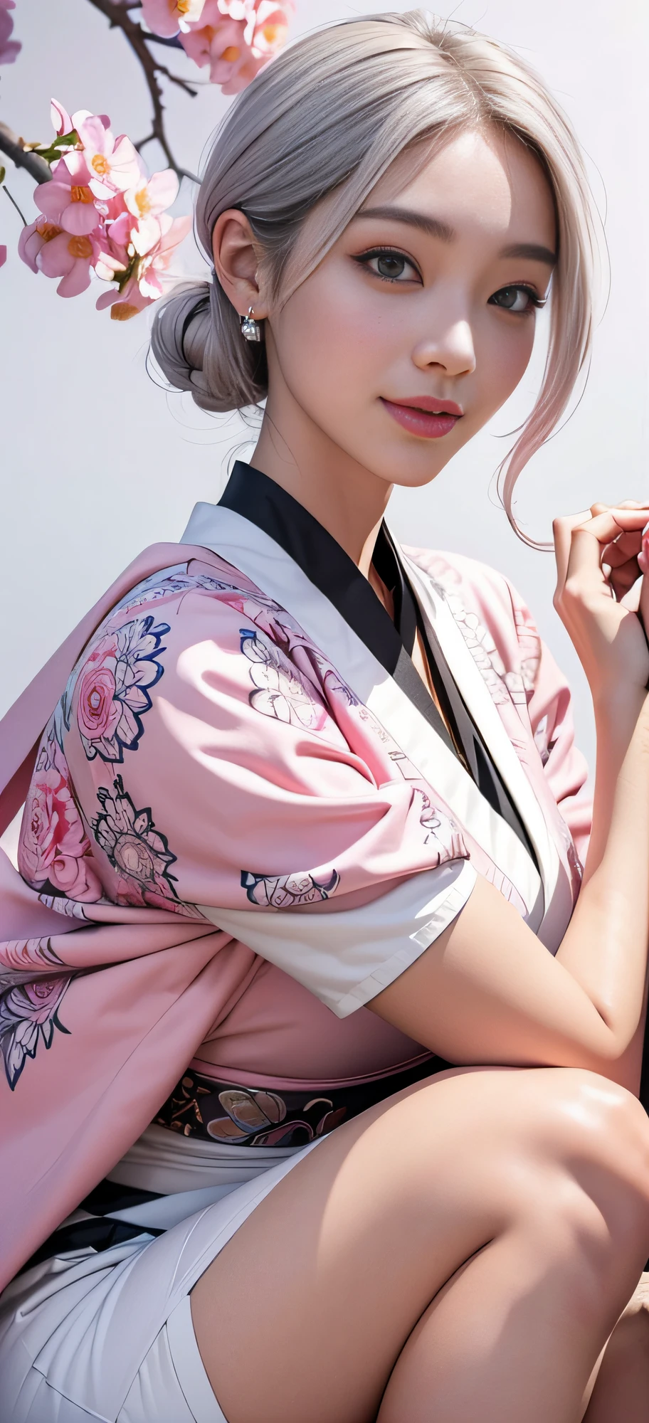 1 girl, Korean, masterpiece, changeable pose, solo, (zen tangles, mandalas, tangles, tangles), ((flowers: 1.4)) Official Art, Unified 8k wallpaper, super detailed, aesthetics, masterpiece, best quality, photo realism, sportswear, black kimono, white stockings, pale pink gradient hair, photo, close-up of face, fair skin, bright big eyes, tall straight nose, (beautiful face: 1.5), smile, technical aesthetics, real