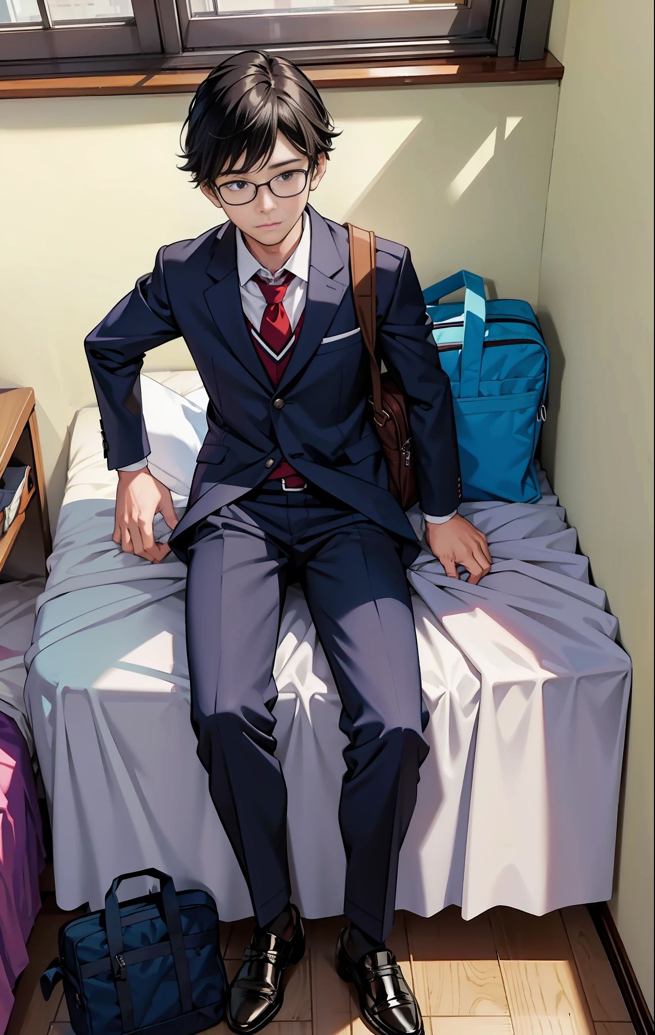 There is a male high school student wearing traditional school uniform men's trousers (comics), and his schoolbag is placed casually next to the bed.