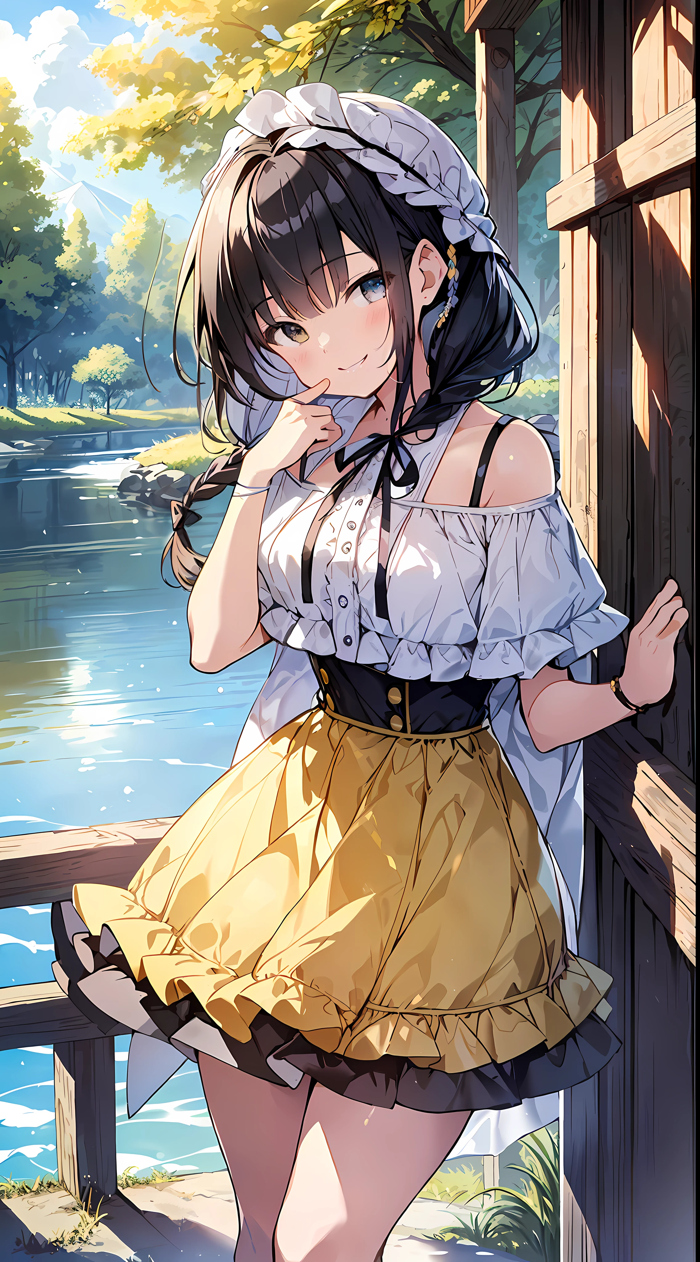 Top Quality, Masterpiece, Ultra High Definition, 8K, Summer Sky, Early Summer, (((Yellow Frill Tops, Mini Skirts, High Heels)), Shojo Manga Style , One, Soft Line Art, Digital Enhancement, Shojo Manga Touch, Shojo Manga Core, Flowing Fabric, Close Up, (Hair length and short braid to the shoulders)), wet hair, staring at us from the front, soft drawing, Beautiful black hair, clear eyes, ((teasing smile)), ultra-detailed digital anime art, clear face depiction, ultra-detailed shojo manga character art, ultra-detailed manga style, top quality colors, hand gestures, landscape with nature, looking up at the sky, angle that can see up to your feet