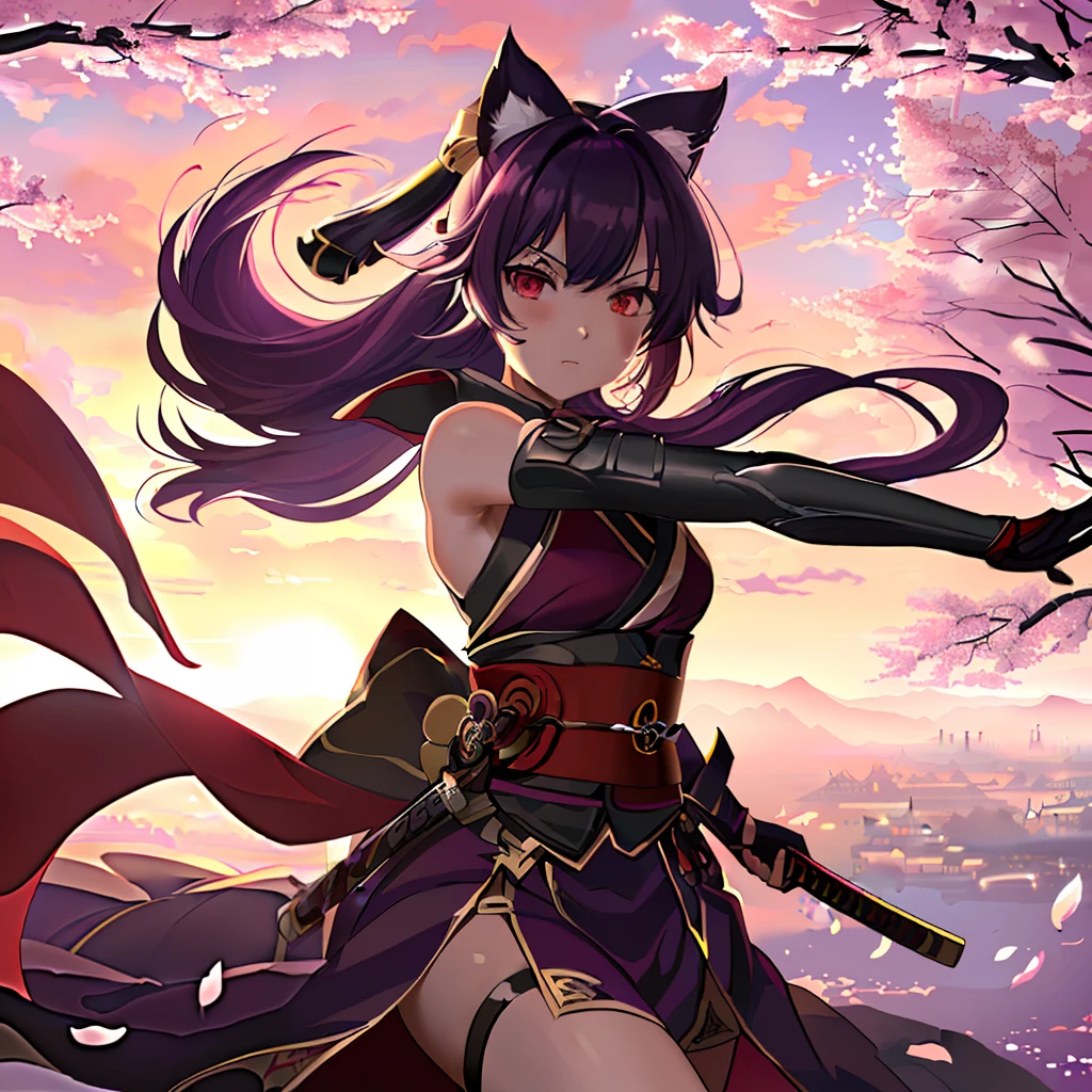 (extremely detailed CG unity 8k wallpaper,masterpiece, best quality, ultra-detailed),(best illumination, best shadow, an extremely delicate and beautiful),floating,Samurai,Anime style, Dynamic action pose, Katana, Windy sunset, Cherry blossoms, Dramatic light and shadow.