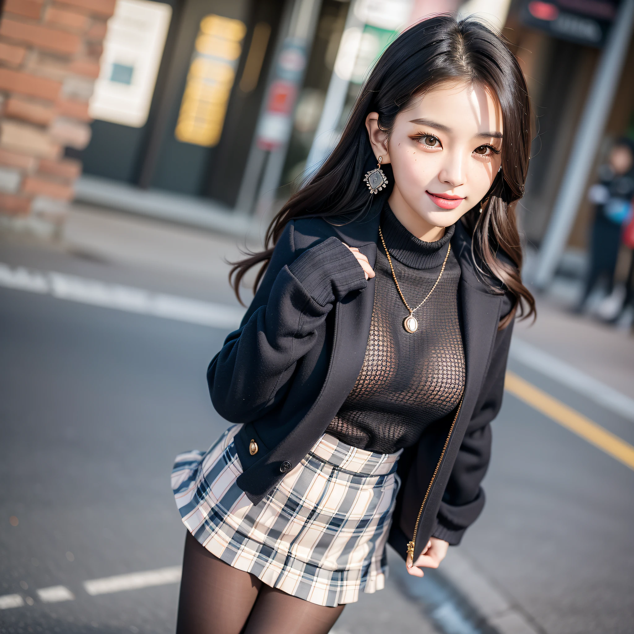 (Best Quality Detail: 1.2), Realistic, 8K UHD, HD, (1 Girl: 1.2), Ultra Detailed, High Quality Texture, Intricate Detail, Detailed Texture, Fine Detail, High Detail, Extremely Detailed CG, High Quality Shadows, Detailed Beautiful Delicate Face, Detailed Beautiful Delicate Eyes, Depth of Field, Ray Tracing, 20 years old, (A Beautiful 25 year old sexy Korean woman: 1.1), (Beautiful Kpop girl, Korean mixed), Big Tits, Tall Female, Beautiful Legs, Glowing eyes, blush, bright lips, perfect figure, skinny, (black sweater: 1.4), (open plaid coat: 1.3), (plaid skirt: 1.3), (pantyhose, ankle boots: 1.1), (Bobo head: 1.1), street , sunlight, standing, lens halo, earrings, necklace, model, looking at the audience, (happy smile: 1.1), makeup, front, dynamic pose, black mole, crossbody bag, selfie,