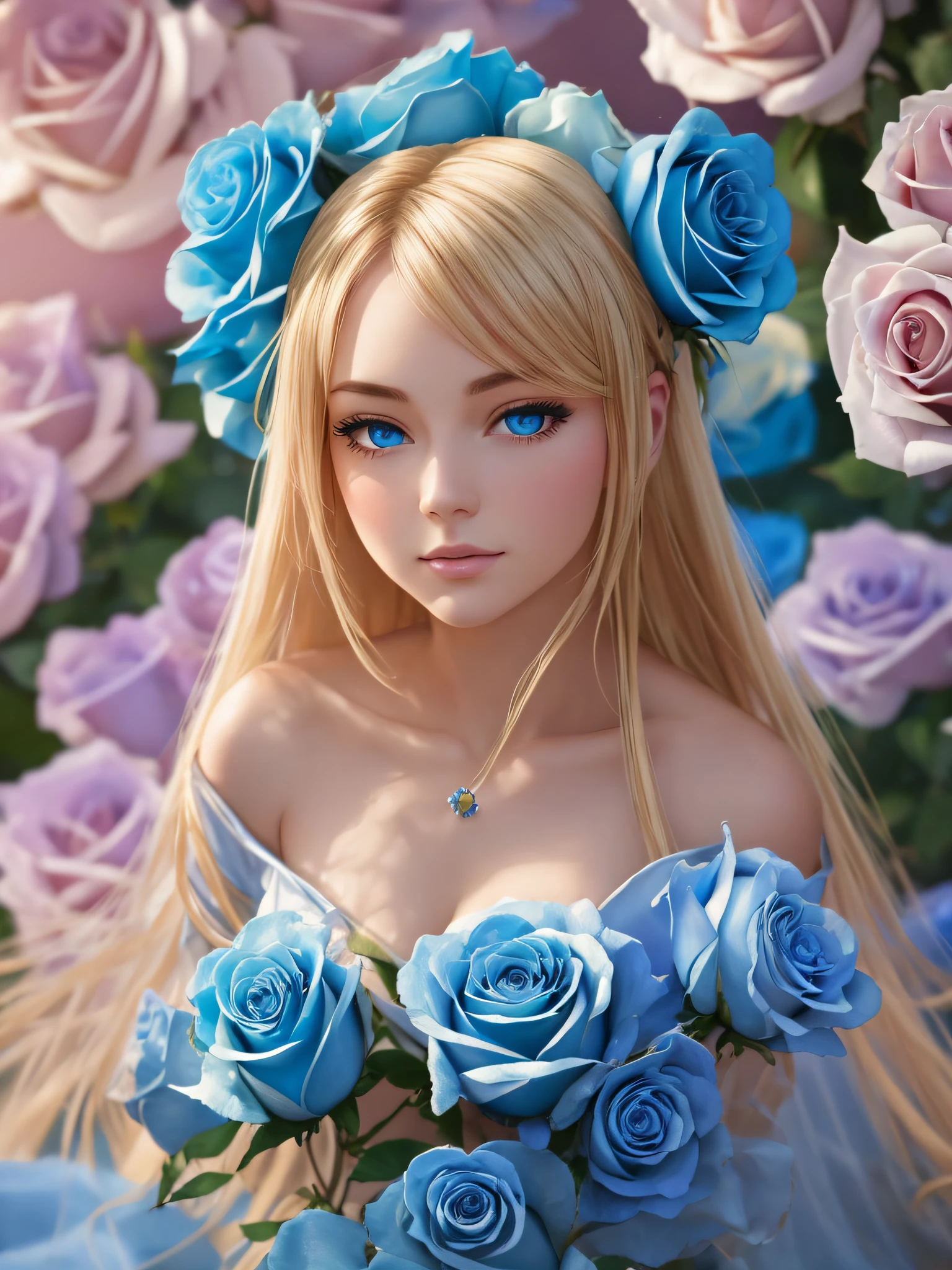 Beautiful female figure wrapped in blue roses, sitting down with a dreamy expression on her face. The surreal blue roses are delicately wrapped around her body, accentuating her blonde hair. The background is a fantasy landscape with a soft, dreamy glow. Shot with a Canon EOS R5, the composition is centered on the figure with a slightly tilted angle. The perspective is slightly from above, capturing the full beauty of the roses. The lighting is soft and diffused, highlighting the figure and roses while creating a dreamy atmosphere. The depth of field is shallow, with the roses in focus and the background softly blurred. The shutter speed is slow, capturing the delicate movement of the roses. The photo quality is high, with vibrant colors and sharp details. The overall effect is a surreal and dreamy image that captures the beauty of the female figure and the blue roses. --style raw --no camera --v 5.1