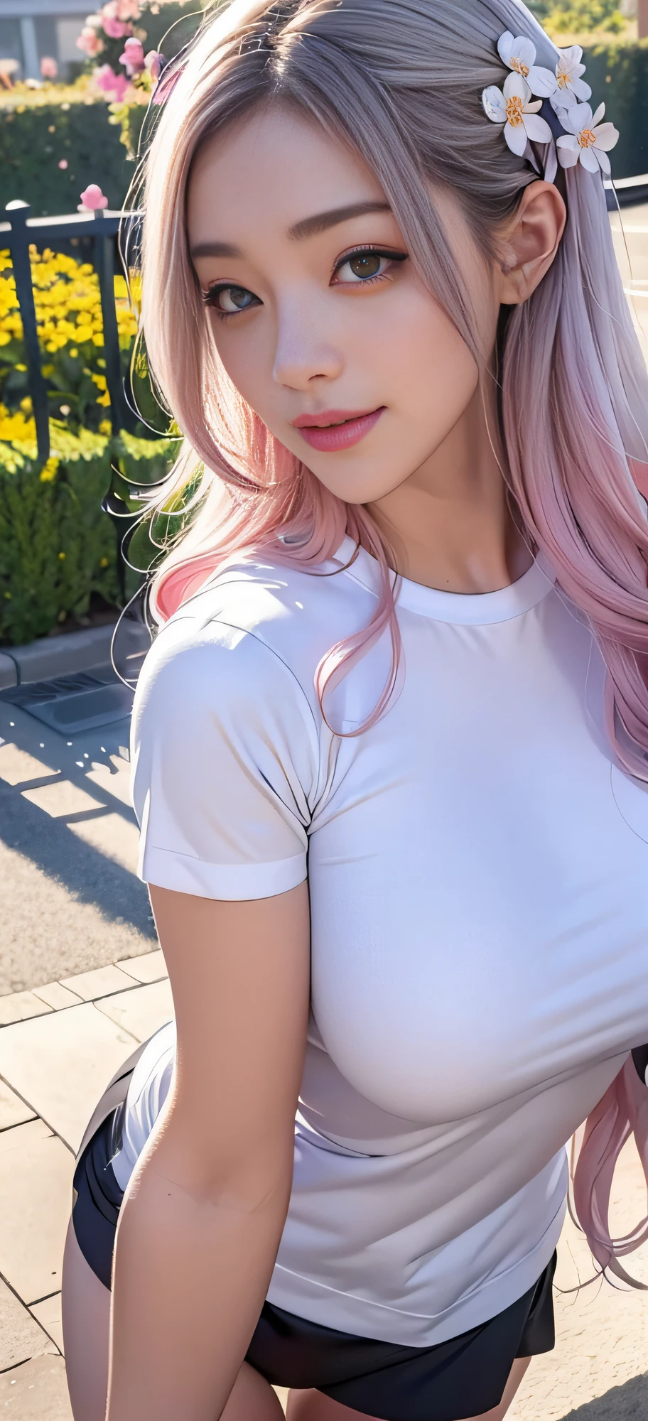 1 girl, Korean, masterpiece, changeable pose, solo, (zen tangles, mandalas, tangles, tangles), ((flowers: 1.4)) Official Art, Unified 8k wallpaper, Ultra detailed, Aesthetics, Masterpiece, Best Quality, Photo Realism, Gym Clothes, Black Short Skirt, White Stockings, Pale Pink Gradient Hair, Photo, Close-up of Face, Fair Skin, Bright Big Eyes, High and Straight Nose, (Beautiful Face: 1.5), Smile, Technical Aesthetics, Real