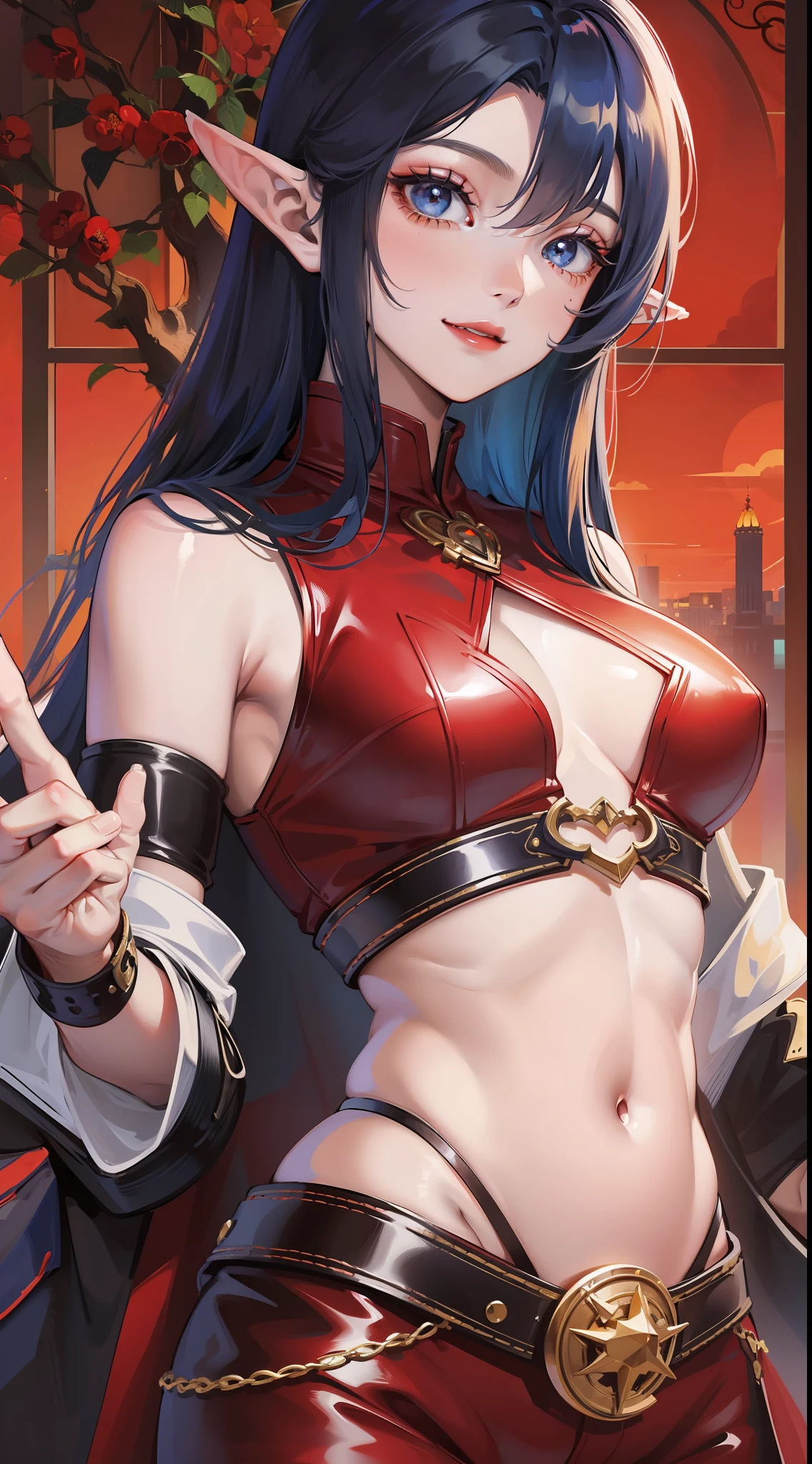  boy, long dark blue hair, amber eyes, elven ears, red leather top, smile, open belly, open hands, masterpiece, high quality