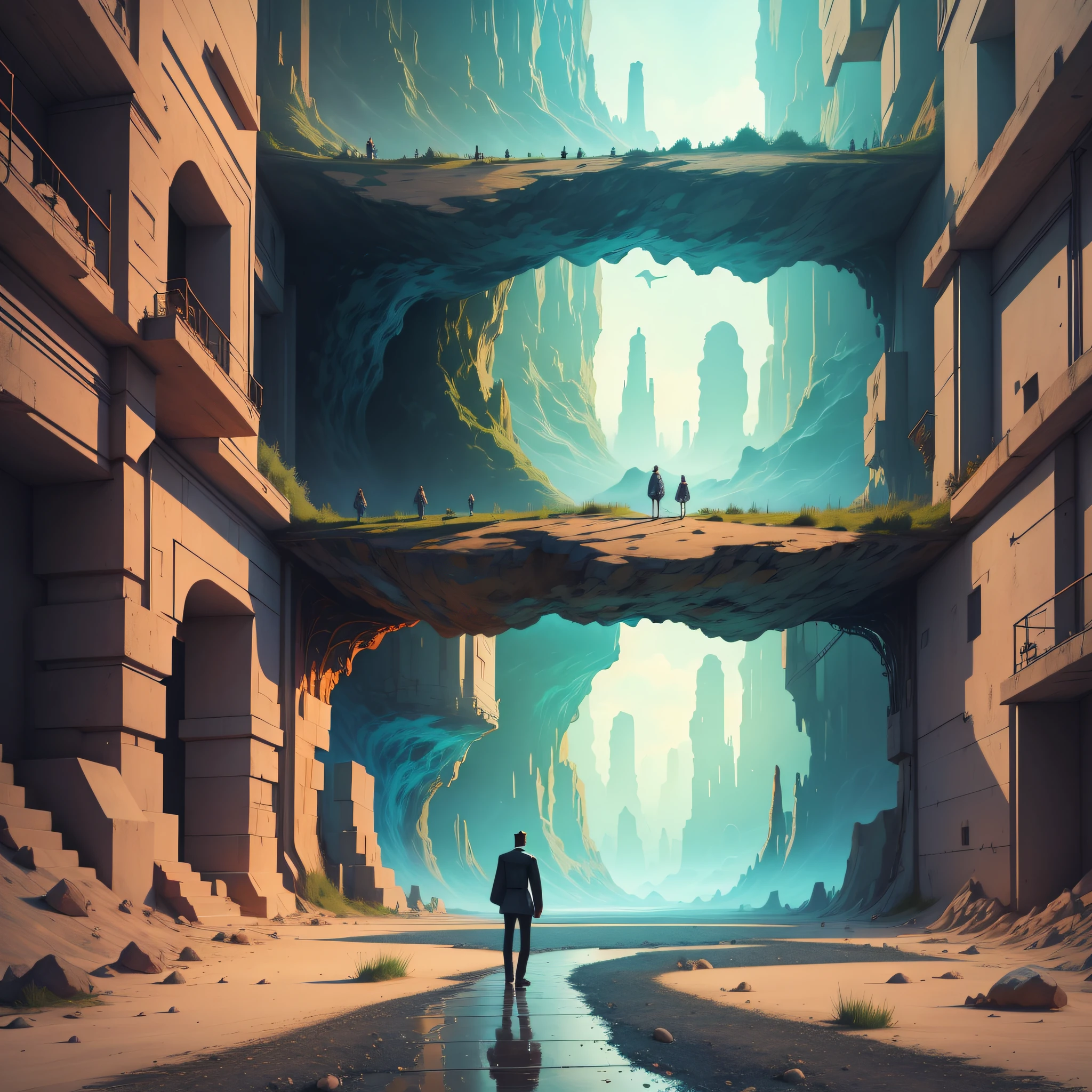 A time traveler's memories collide, forming a surreal landscape in contrasting colors and mind-bending perspectives. --auto --s2