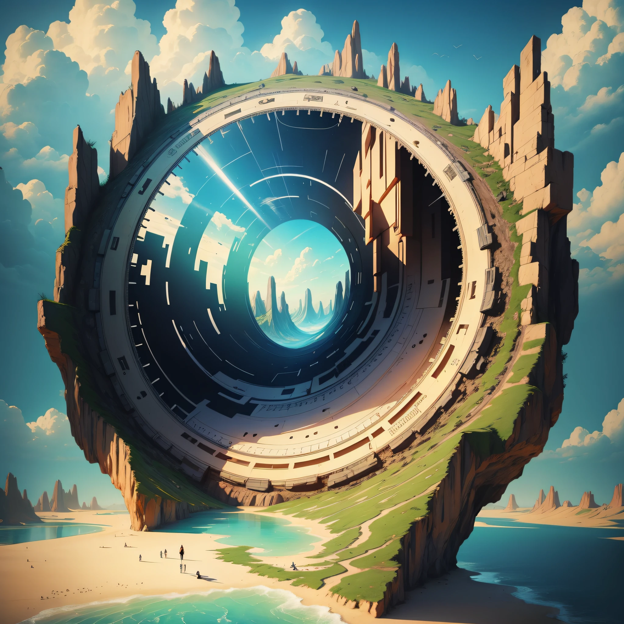 A time traveler's memories collide, forming a surreal landscape in contrasting colors and mind-bending perspectives. --auto --s2